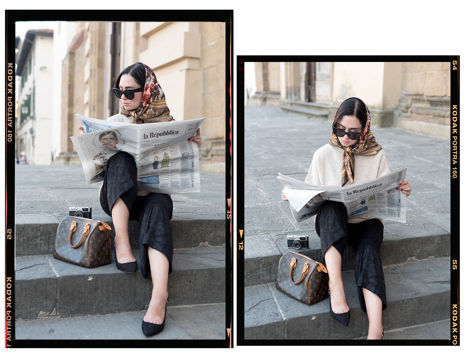 Top Winnipeg fashion blogger Cee Fardoe of Coco & Vera sits at Piazza del Carmine in Florence, Italy, wearing a vintage silk scarf and Aritzia black culottes