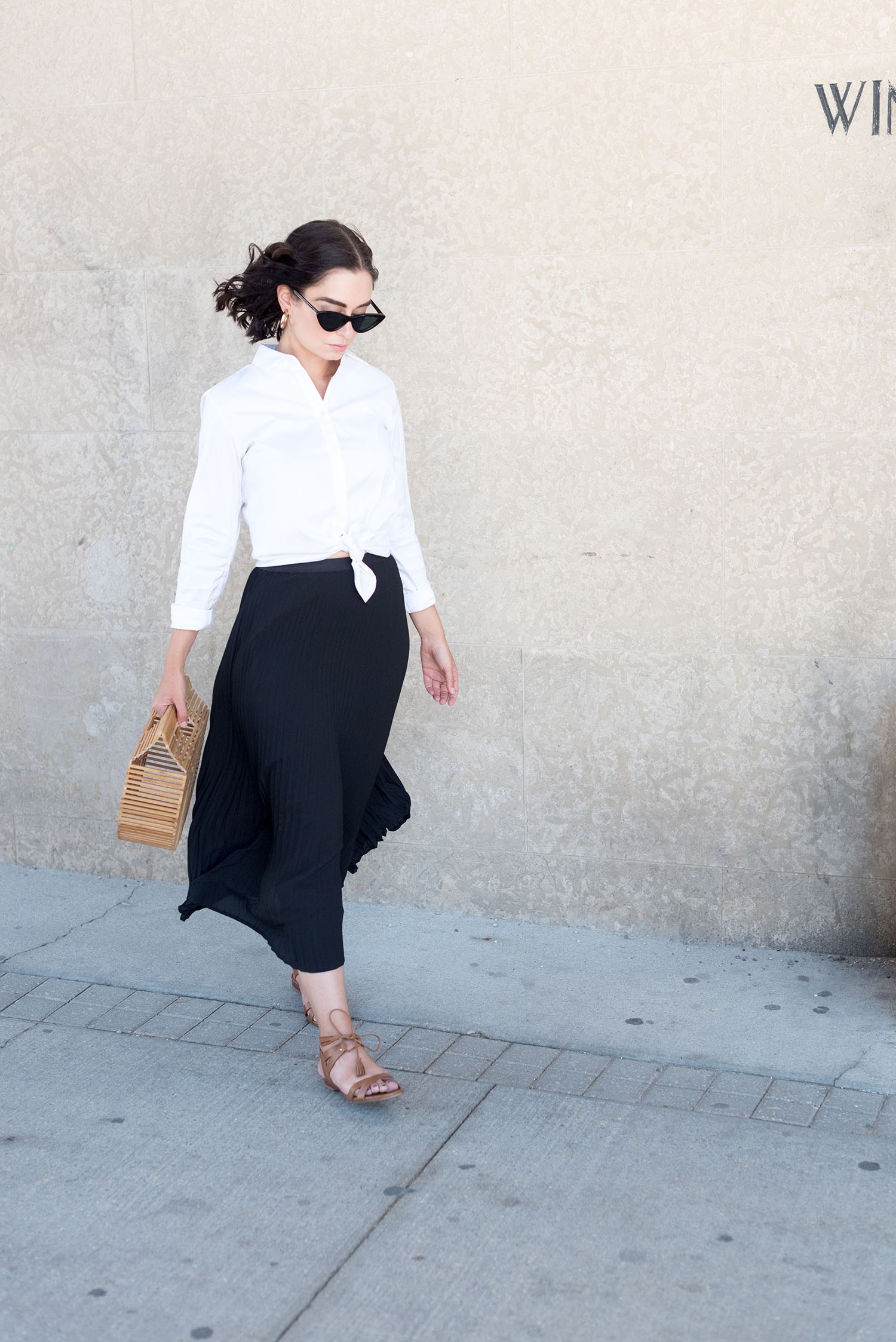 Best Canadian fashion blogger Cee Fardoe of Coco & Vera wears an Aritzia pleated skirt and carries a bamboo cage bag