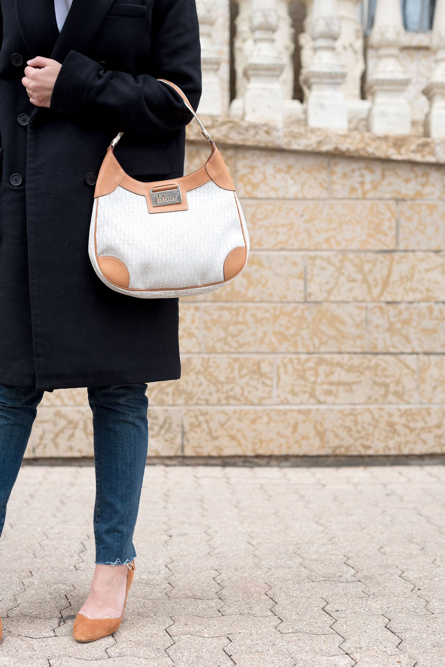 Outfit details on top Canadian fashion blogger Cee Fardoe of Coco & Vera, including a Dior handbag and Sezane pumps
