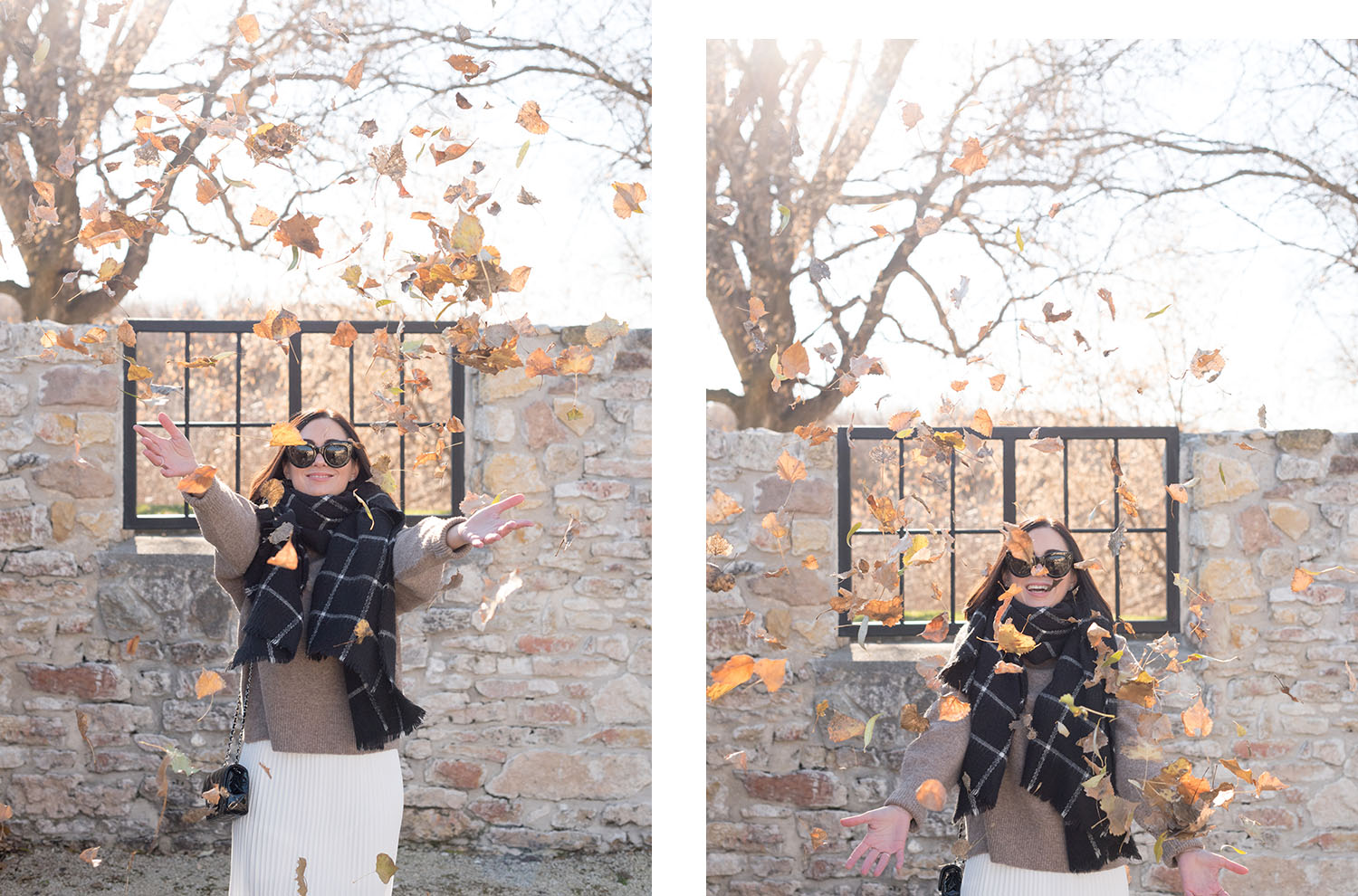 Top Canadian fashion blogger Cee Fardoe of Coco & Vera throws leaves in the air, wearing Celine Audrey sunglasses and a white Aritzia skirt