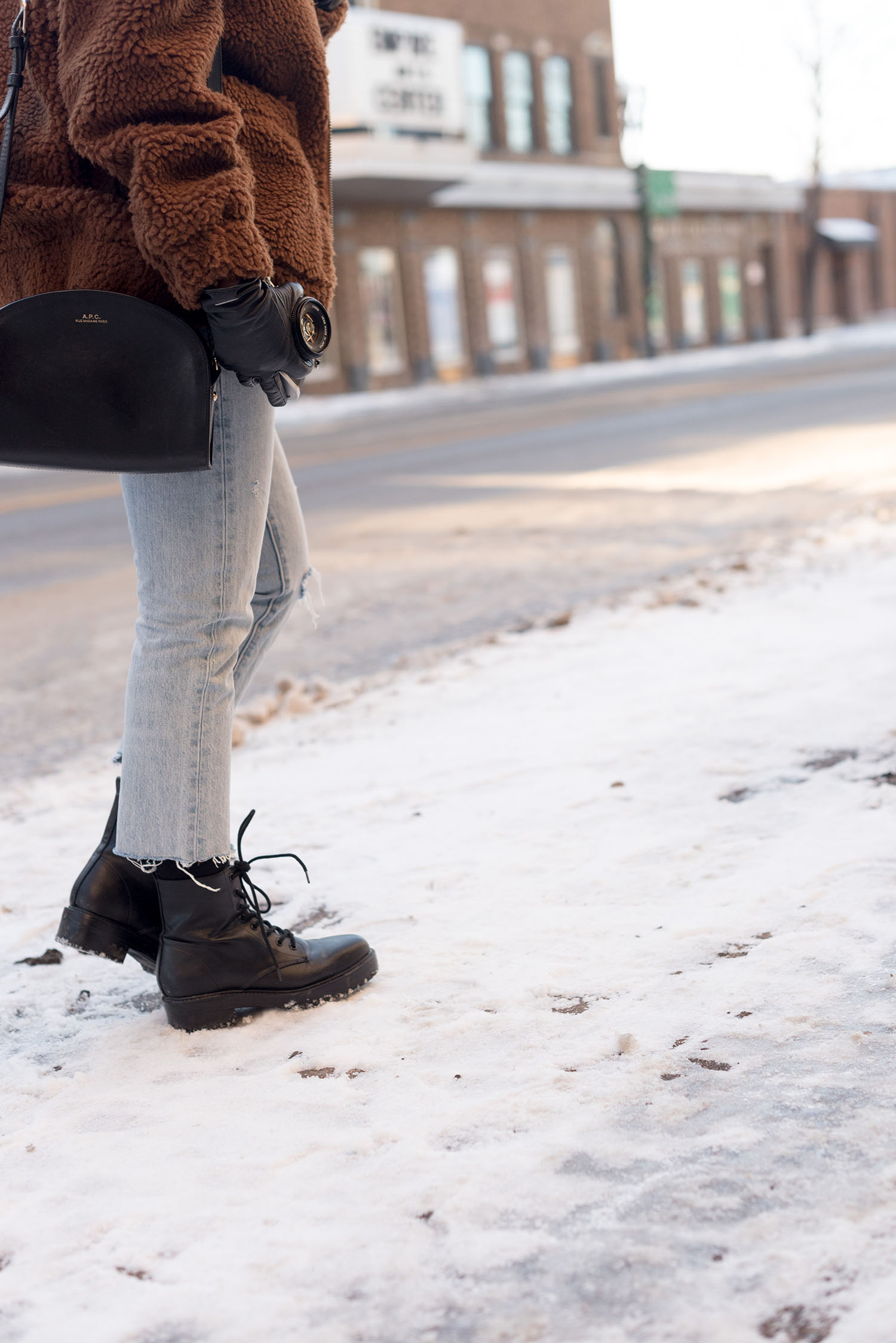 Outfit details on top Canadian fashion blogger Cee Fardoe of Coco & Vera, including Forever 21 combat boots and an APC handbag