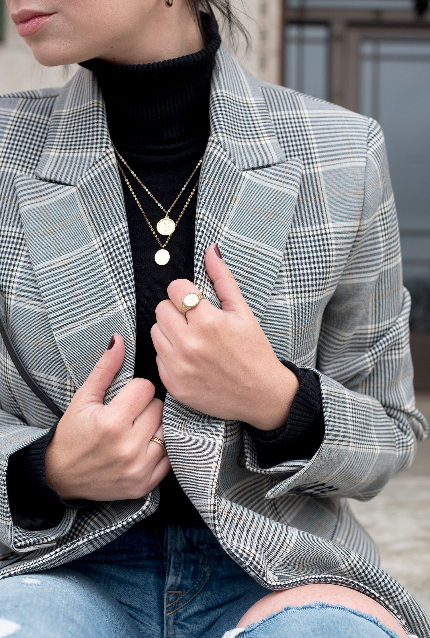 Outfit details on top Canadian fashion blogger Cee Fardoe of Coco & Vera, including a Wolf Circus Monet necklace and Mango checked blazer