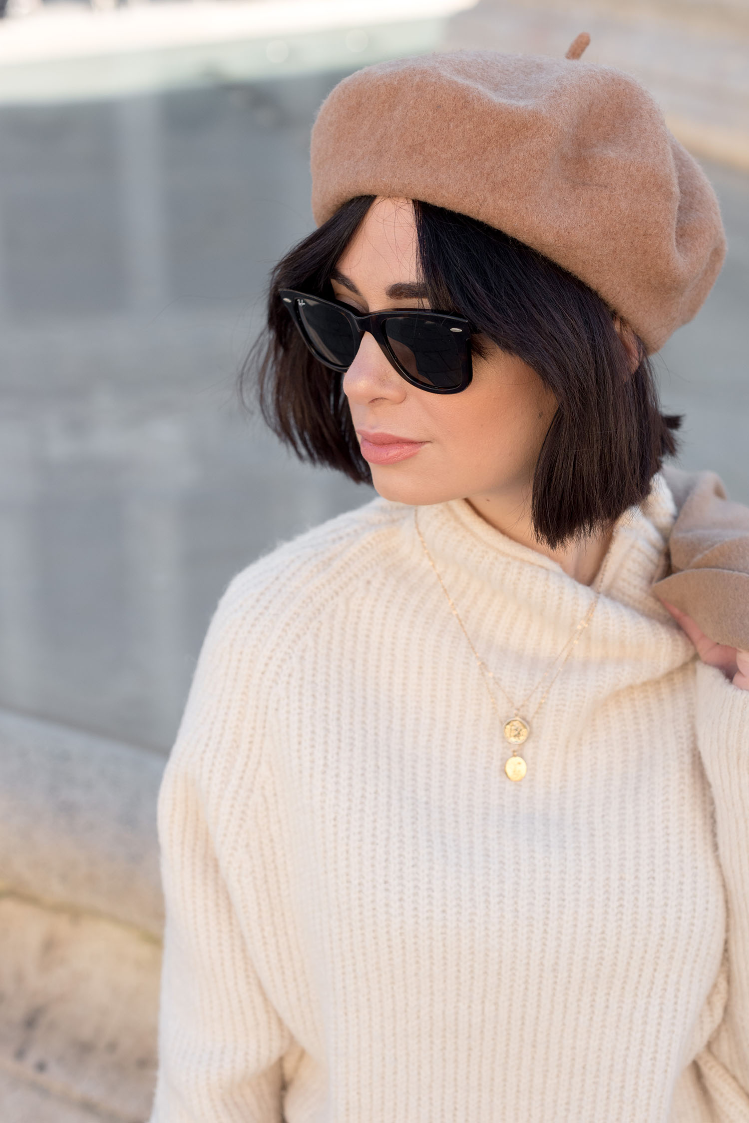 Portrait of top Winnipeg fashion blogger Cee Fardoe of Coco & Vera, wearing RayBan Wayfarer sunglasses and an ASOS camel beret