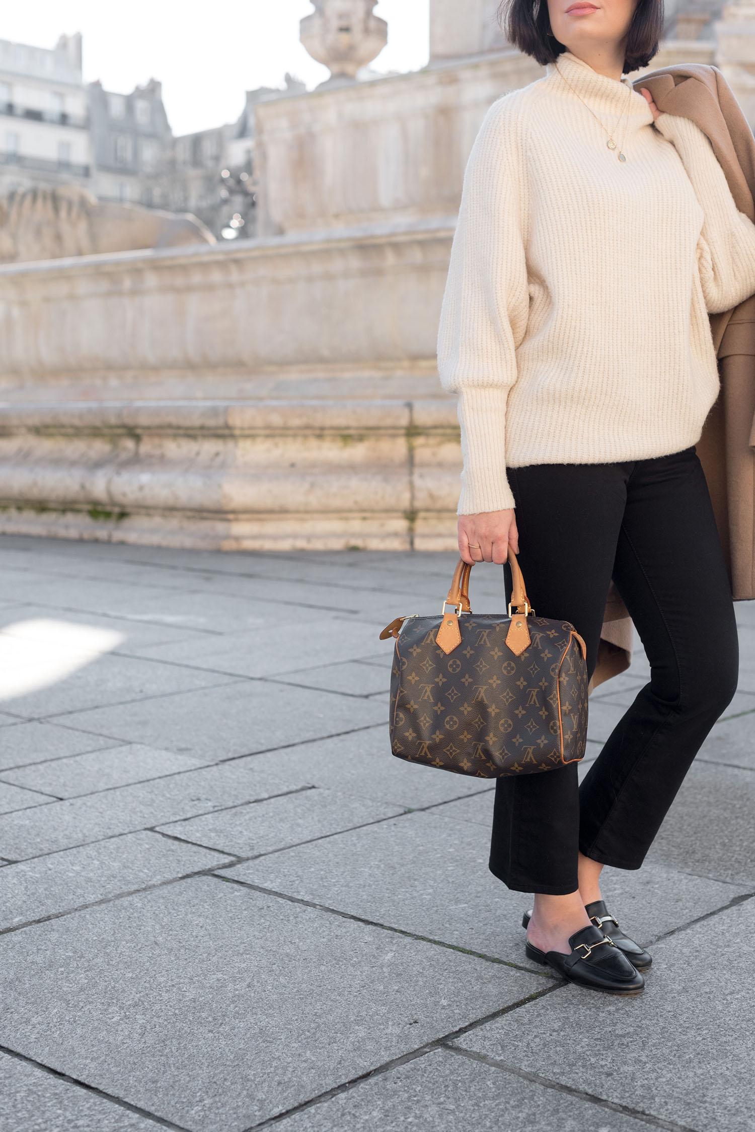 Outfit details on top Canadian fashion blogger Cee Fardoe of Coco & Vera, including Mavi crop flared jeans and a Louis Vuitton Speedy 25 handbag