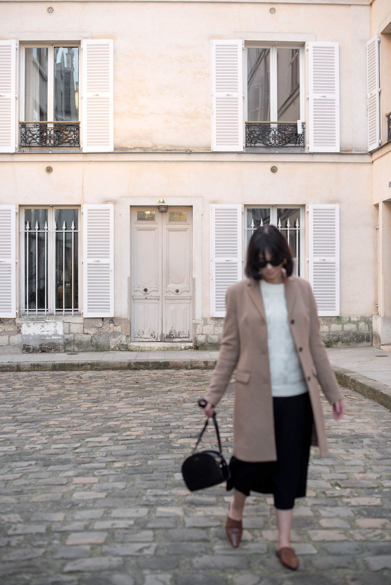 Top Winnipeg fashion blogger Cee Fardoe of Coco & Vera wears a Gap pointelle sweater and carries an APC half-moon bag in the Passage d'Enfer in Paris