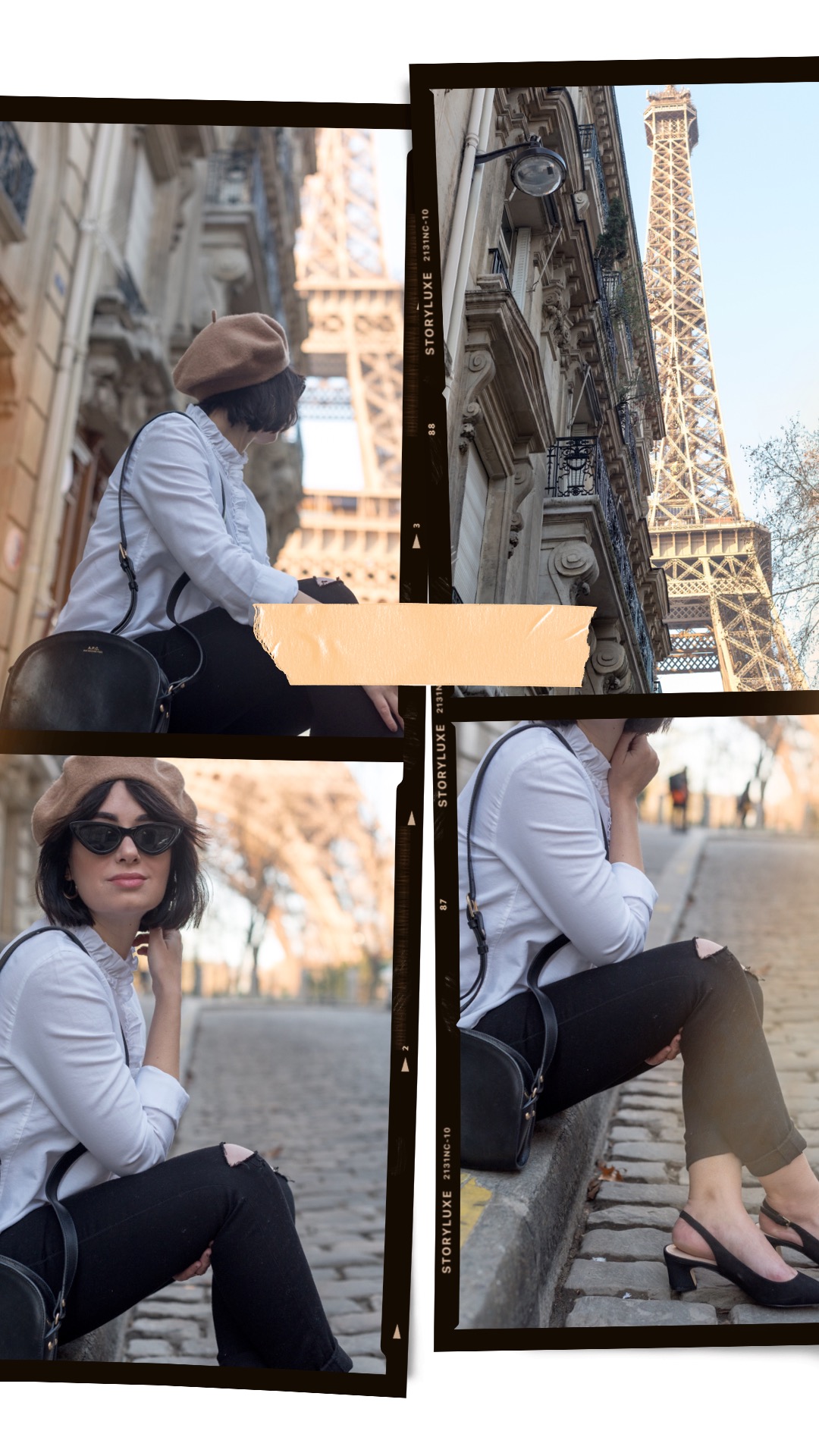Snapshots of top Canadian fashion blogger Cee Fardoe of Coco & Vera near the Eiffel Tower in Paris, wearing Zara cat eye sunglasses and an APC half-moon bag