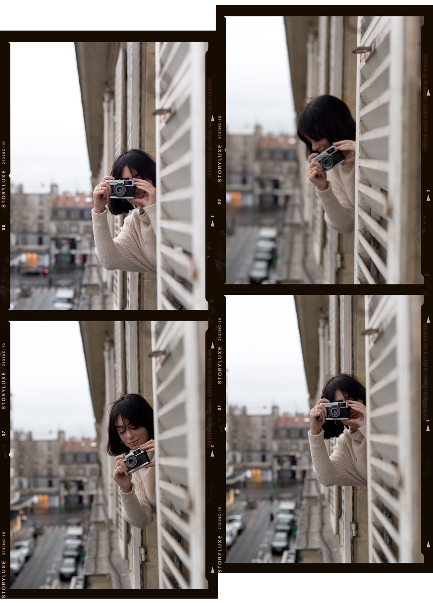 A series of photos of top Winnipeg fashion blogger Cee Fardoe of Coco & Vera using a vintage Olympus Trip camera to take photos out the window of a 14th arrondissement apartment in Paris, France