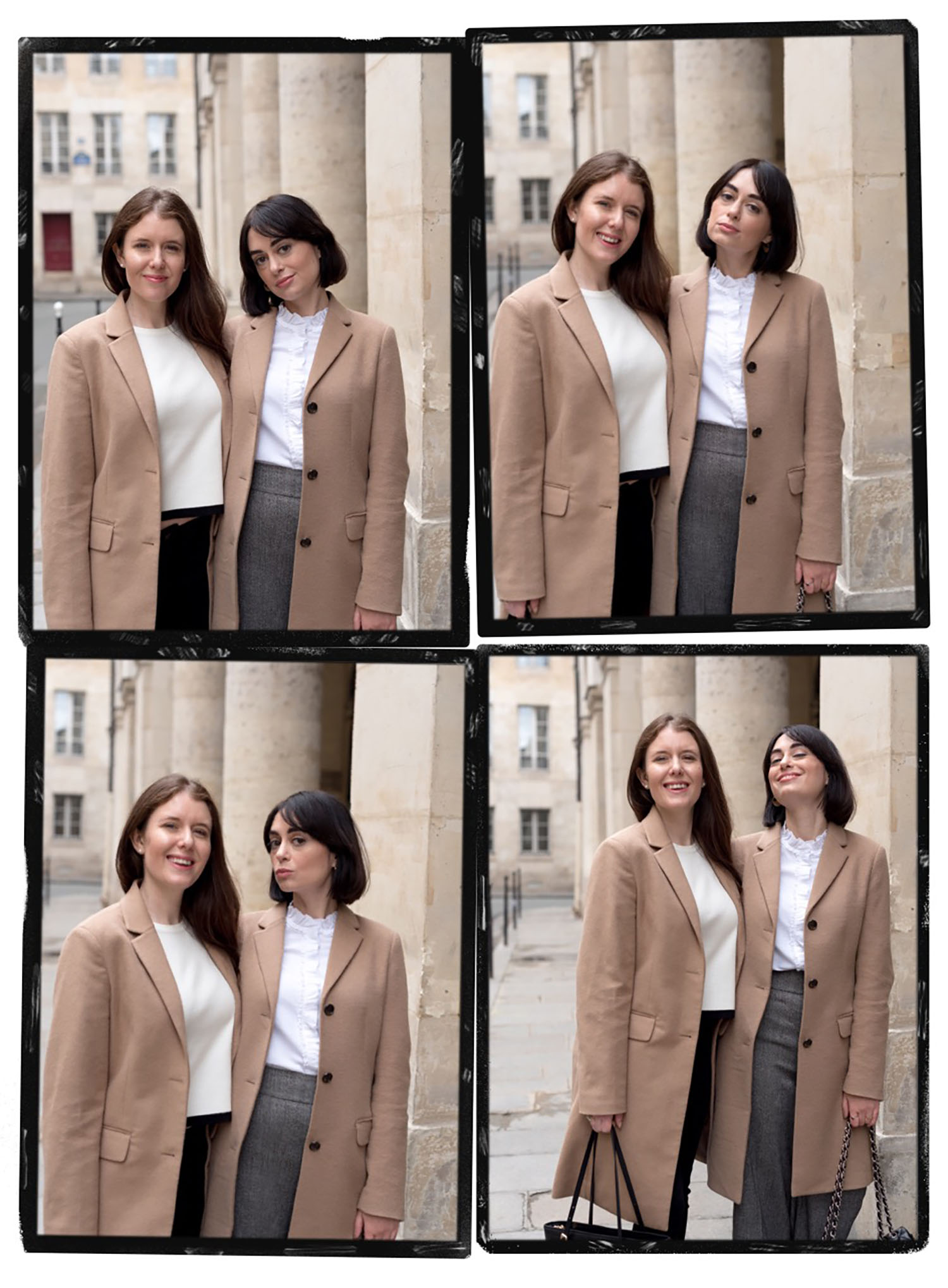 Top Canadian fashion bloggers Cee Fardoe of Coco & Vera and Lyndi Barrett of Style Calling at the Palais-Royal during Paris Fashion Week, wearing Uniqlo camel coats