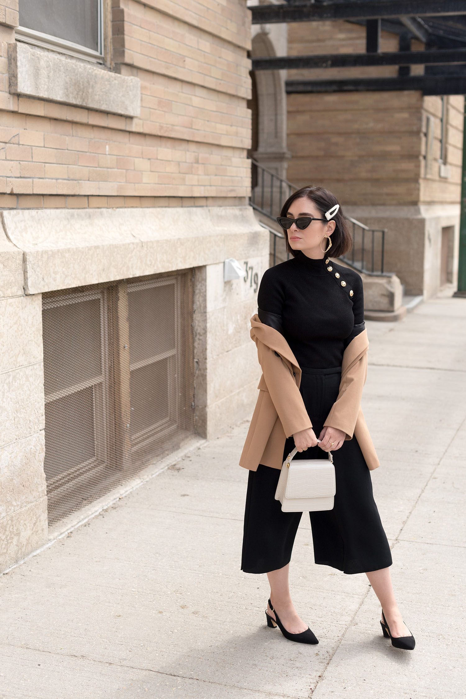 Top Canadian fashion blogger Cee Fardoe of Coco & Vera wears a Zara camel blazer and carries a Friday by JW Pei vegan handbag
