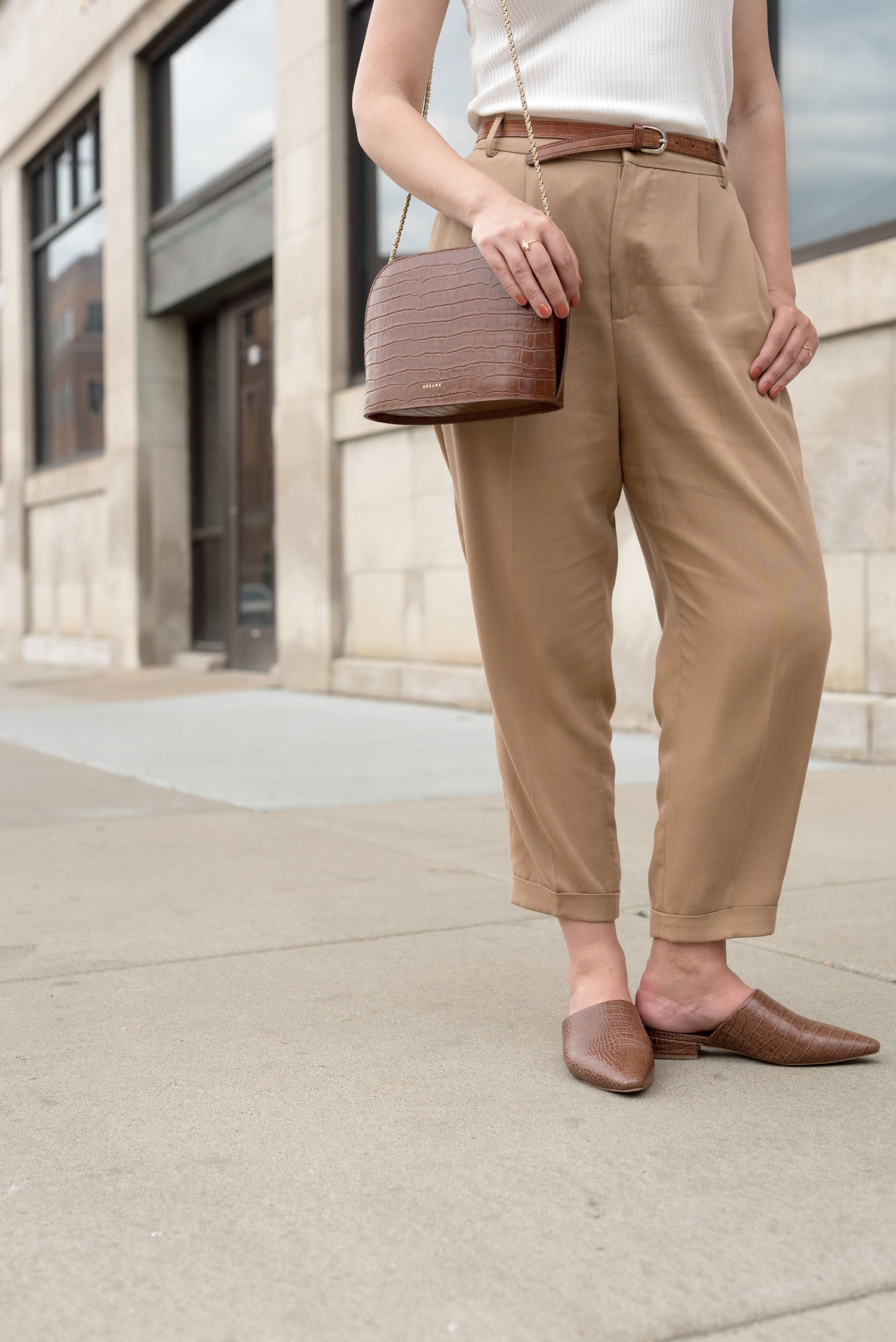 Outfit details on top Winnipeg fashion blogger Cee Fardoe of Coco & Vera, including Zara trousers and Oak + Fort mules