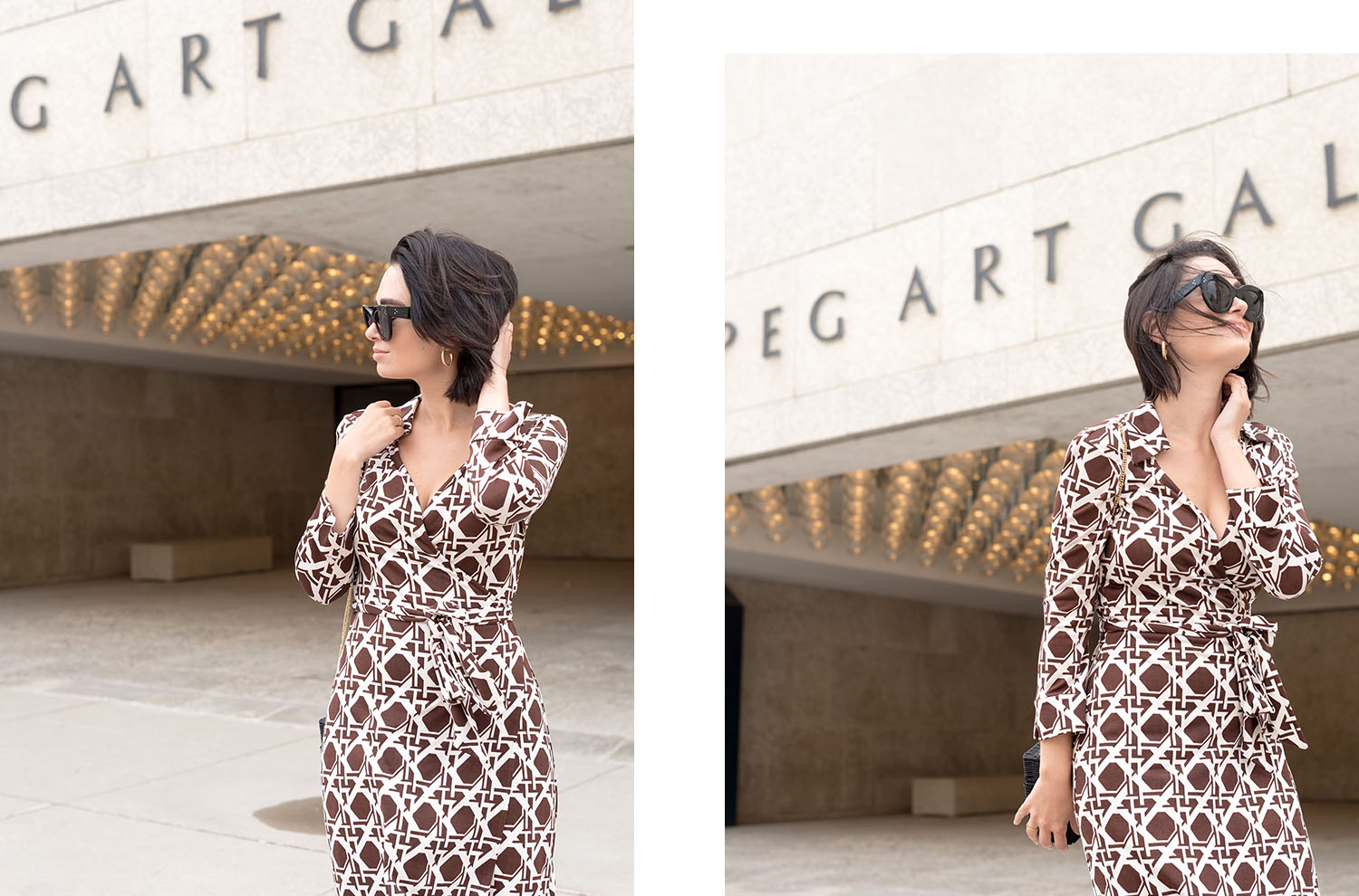 Portrait of top Canadian fashion blogger Cee Fardoe of Coco & Vera at the Winnipeg Art Gallery, wearing Celine Audrey sunglasses and a DVF wrap dress