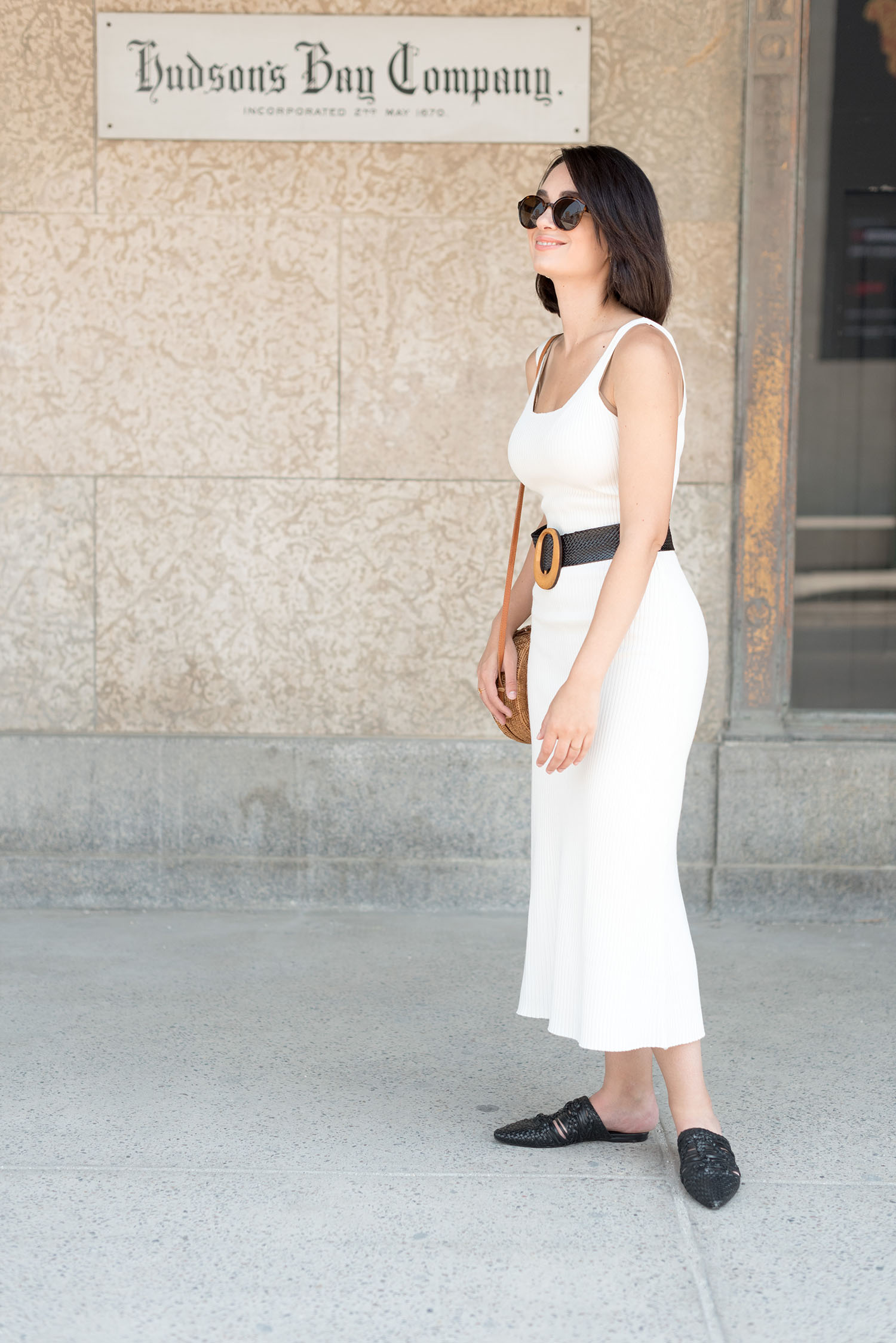 Top Winnipeg fashion blogger Cee Fardoe of Coco & Vera wears a Mango ribbed dress and & Other Stories sunglasses at The Bay Downtown in Winnipeg