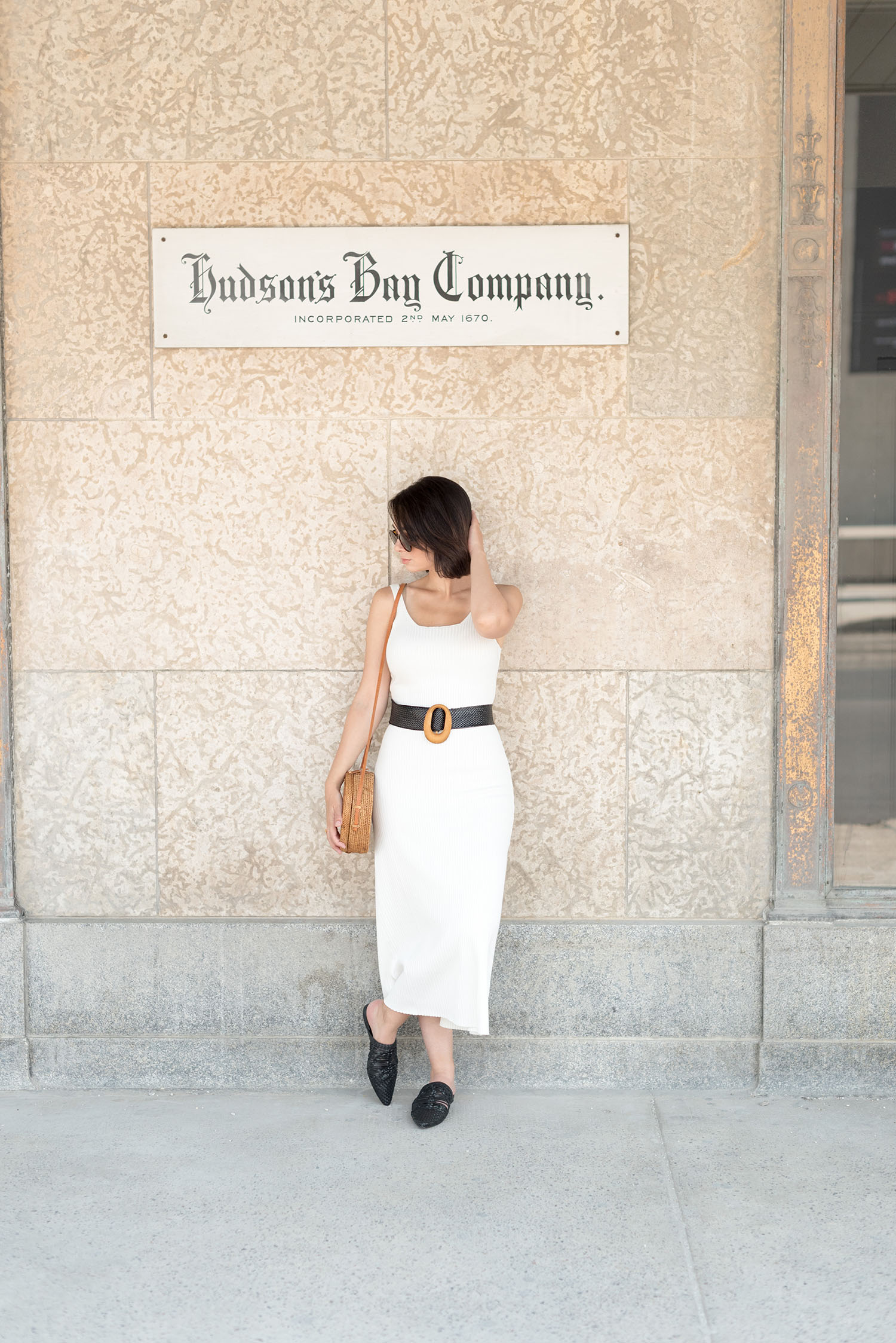 Top Canadian fashion blogger Cee Fardoe of Coco & Vera at the Bay Downtown in Winnipeg, wearing and Mango ribbed dress and carrying an Ellen James handbag