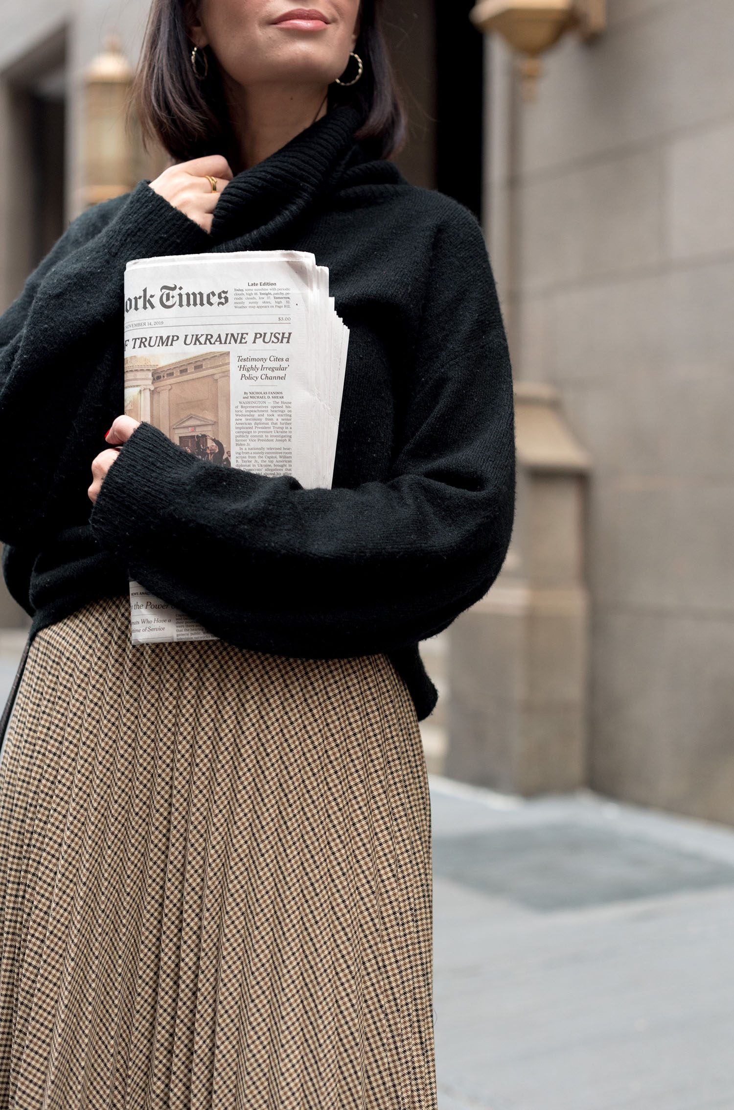 Coco & Vera - H&M sweater, Zara pleated skirt, Urban Outfitters hoop earrings