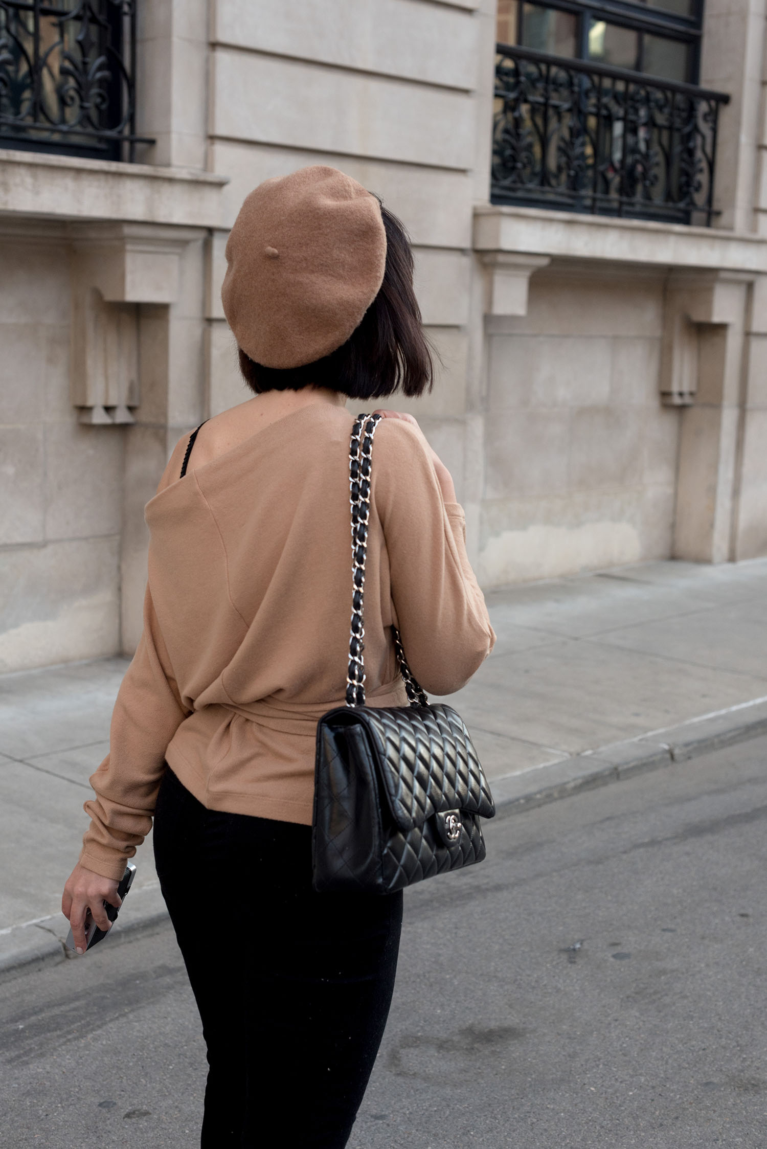 Coco & Vera - Chanel jumbo quilted handbag, ASOS beret, Reformation top