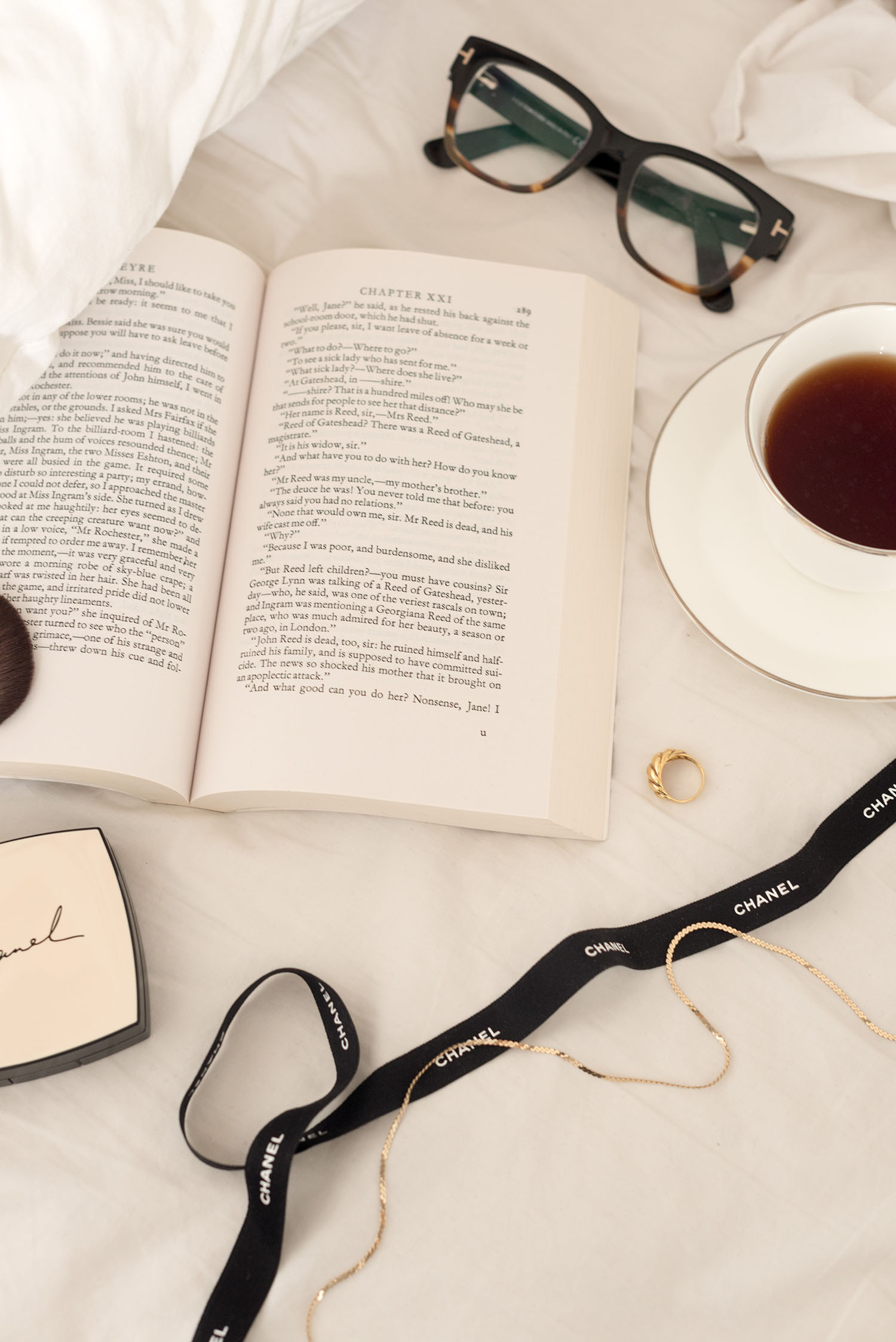 Coco & Vera - Vintage teacup, Chanel compact, Tom Ford glasses, Mejuri croissant dome ring