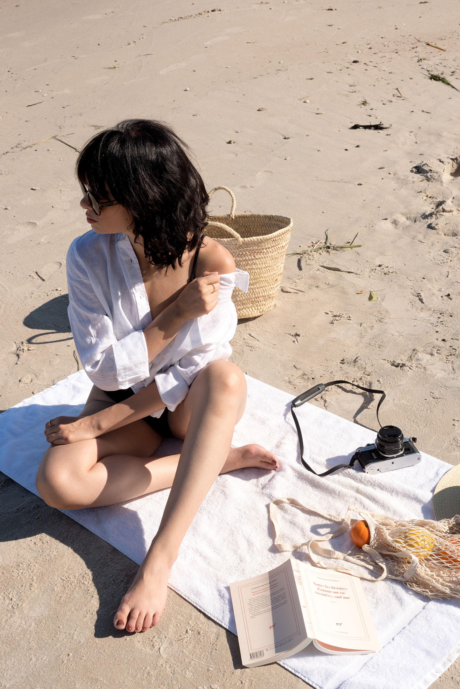 Coco & Vera - H&M linen shirt, Sezane straw tote, & Other Stories sunglasses