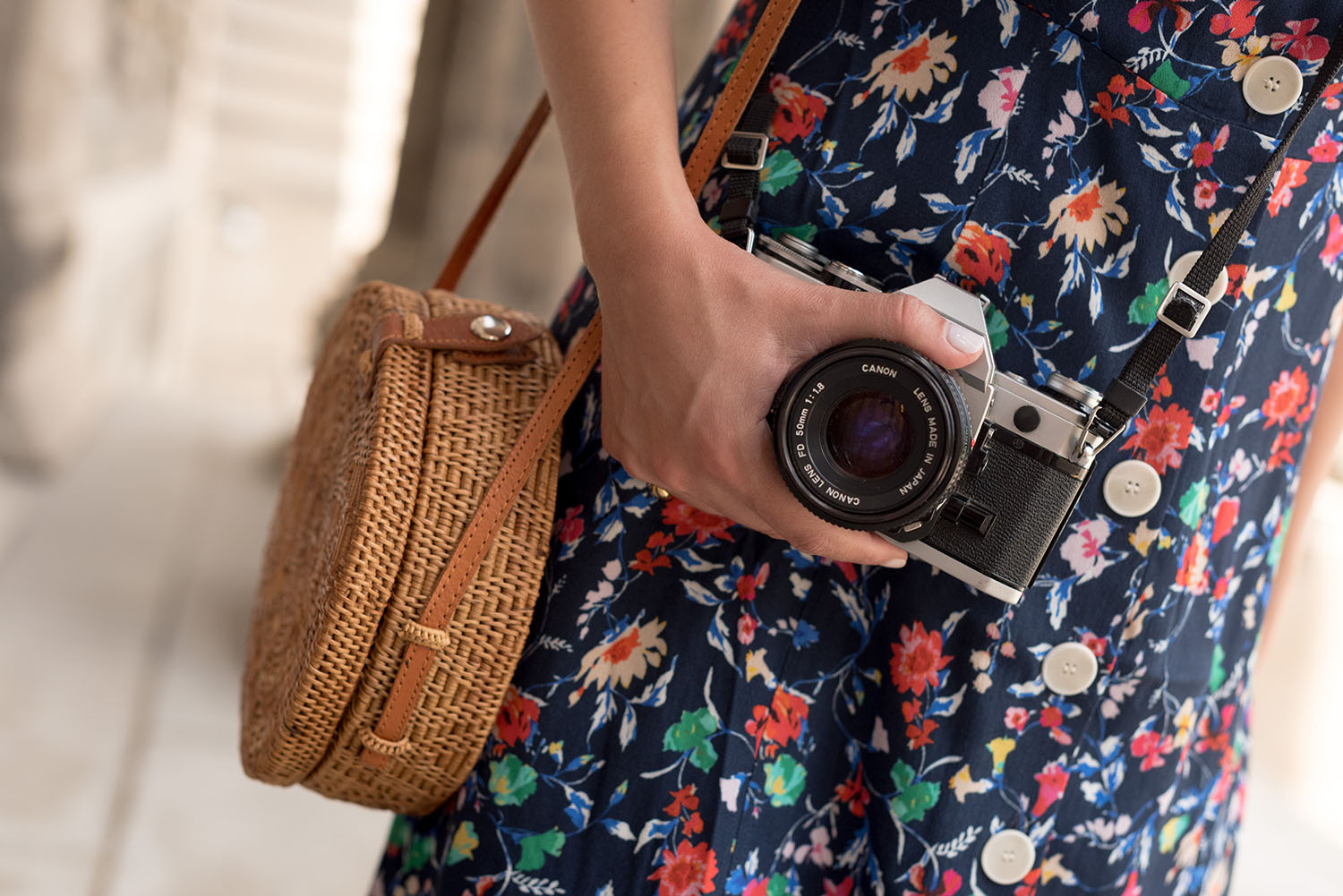 Coco & Vera - Suzanne floral dress, Ellen James rattan bag, Canon AE-1 camera