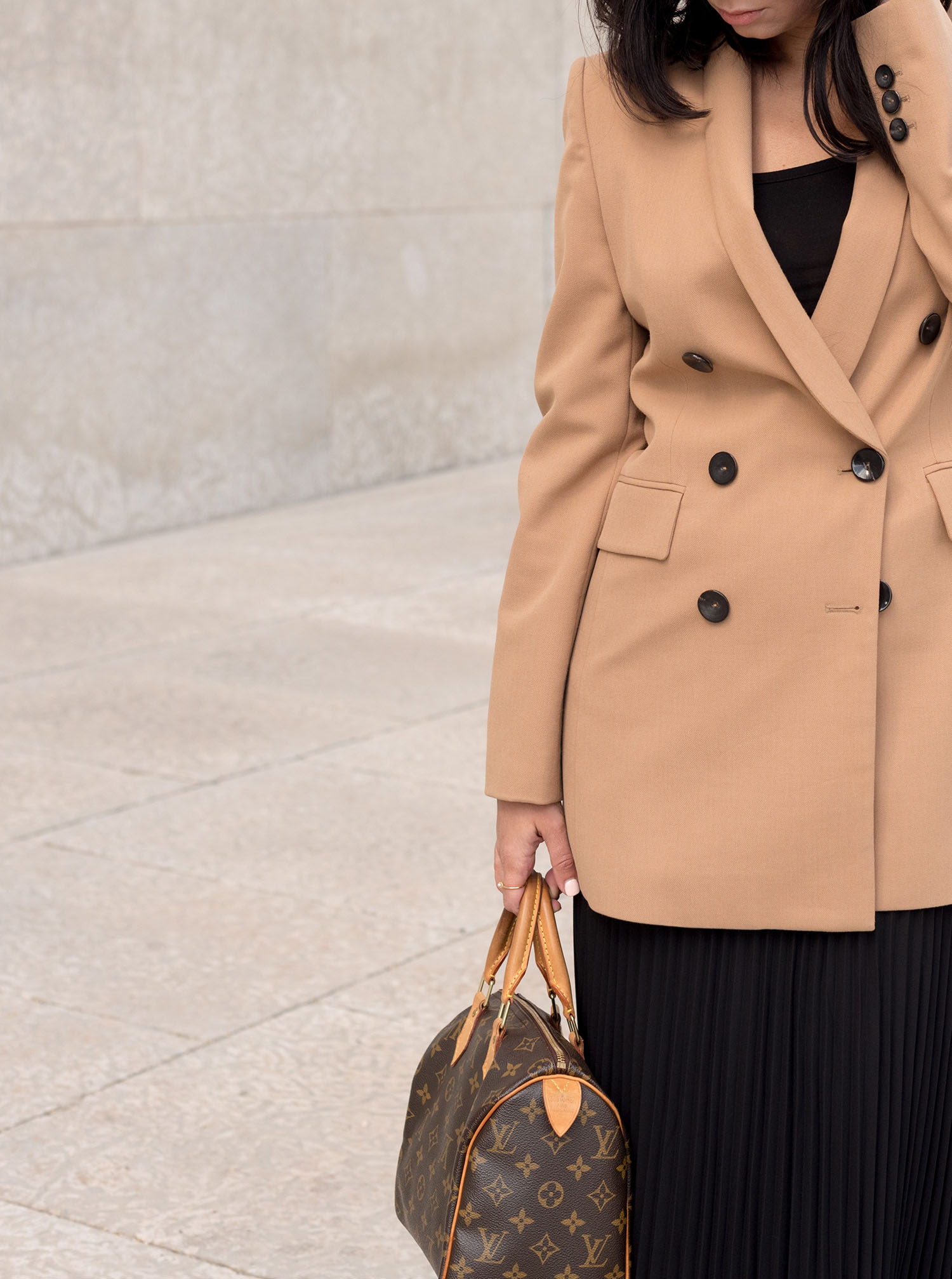 Coco & Vera - Louis Vuitton handbag, Zara camel blazer, Oak + Fort top
