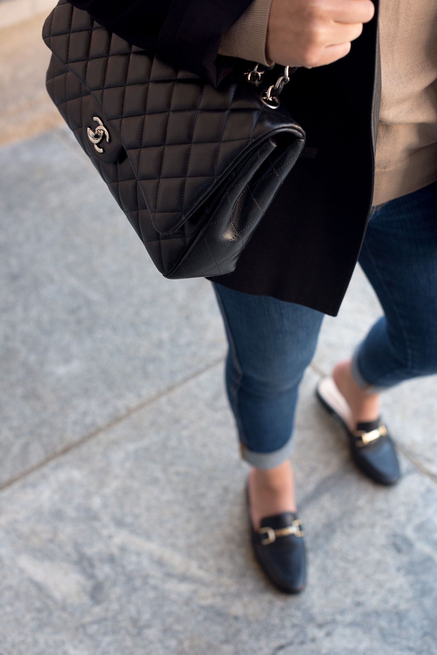 Coco & Vera - Chanel jumbo quilted handbag, Sezane jeans, Jonak mules