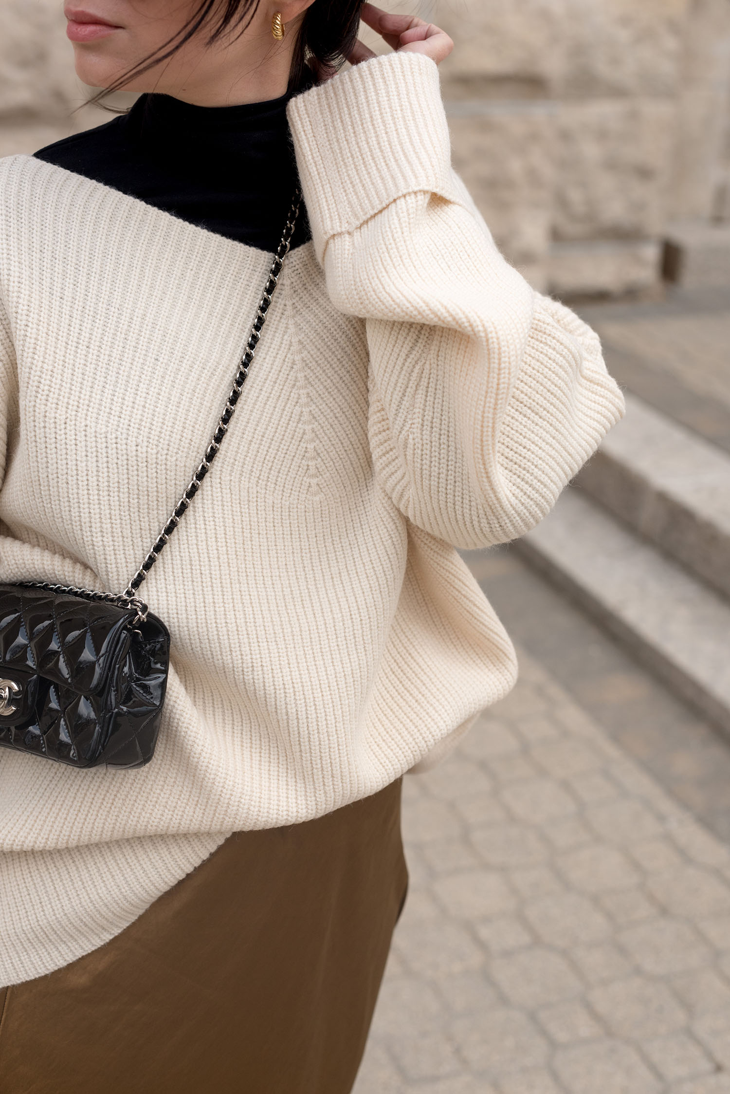 Coco & Vera - Mejuri croissant earrings, Chanel mini handbag, Oak + Fort sweater