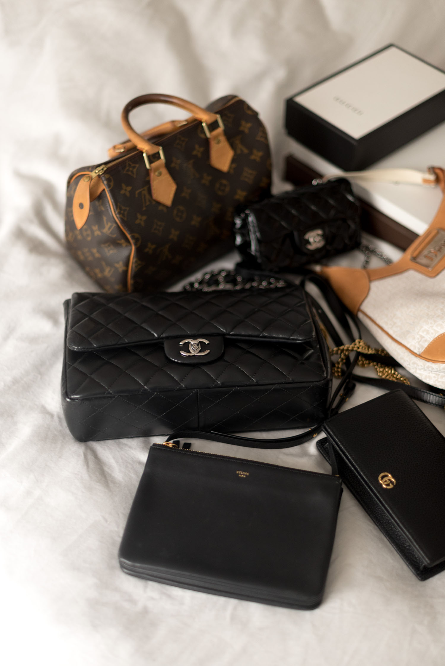 Coco & Vera - Chanel jumbo quilted handbag, Louis Vuitton Speedy 25 handbag, Celine trio bag