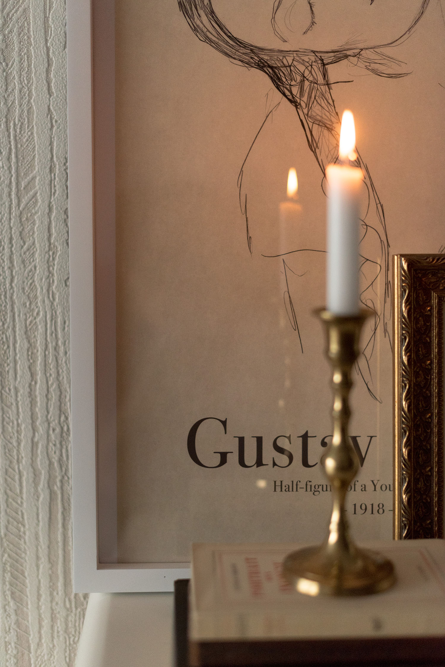 Coco & Vera - Vintage brass candlestick, Gustav Klimt print, Editions Gallimard novel