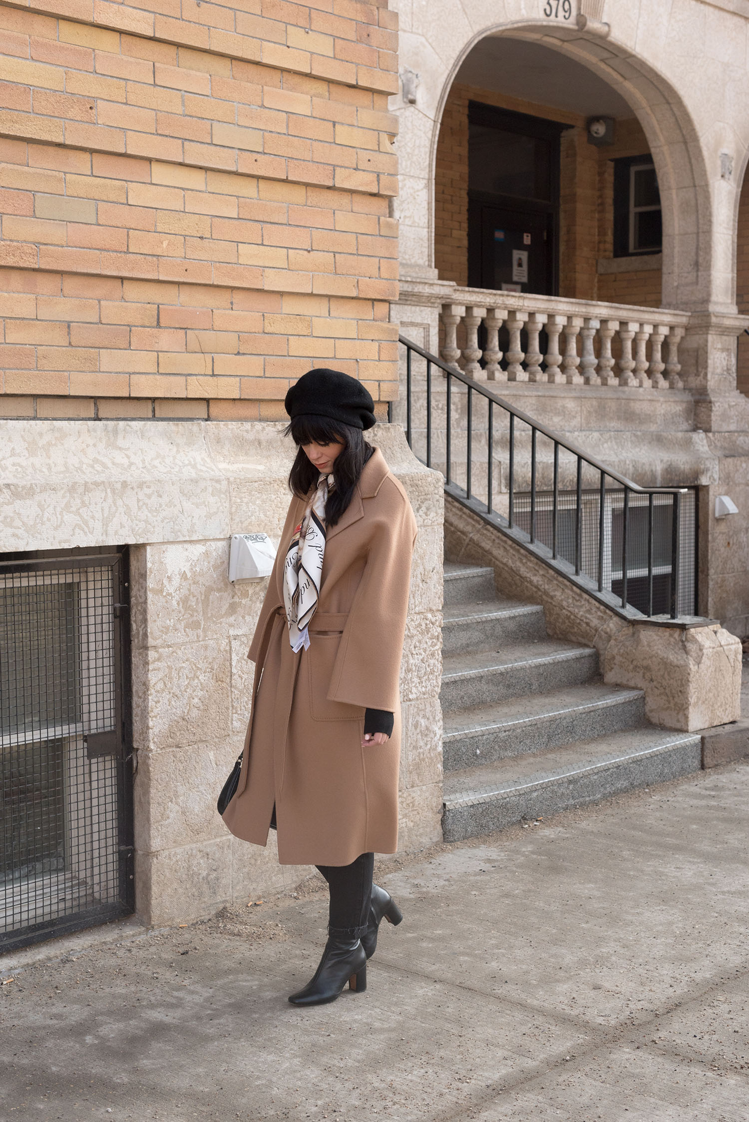 Coco & Vera - Anthropologie beret, The Curated camel coat, Rouje boots, Burberry silk scarf