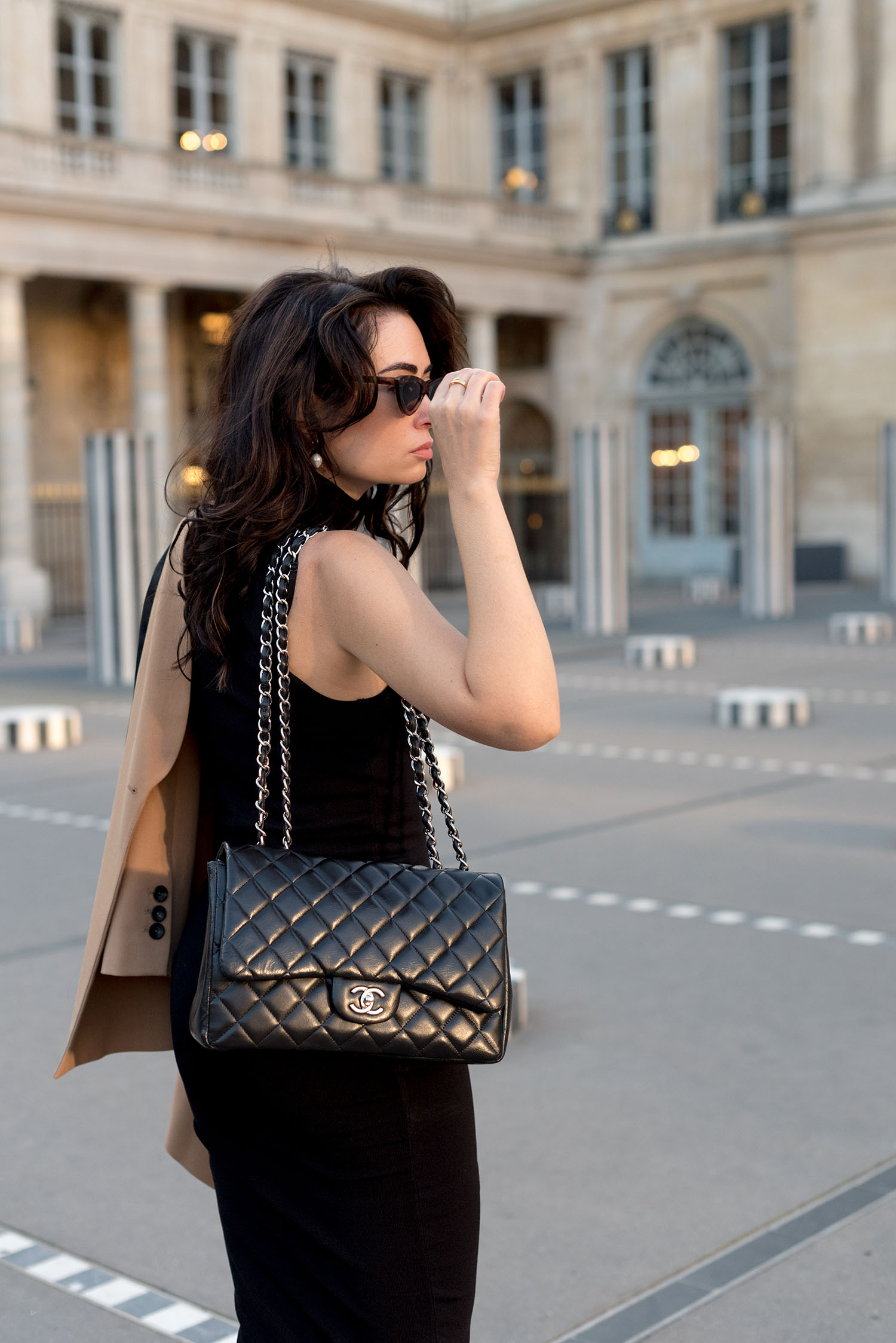 Coco & Vera - Chanel jumbo quilted handbag, Zara sunglasses, Zara body con dress