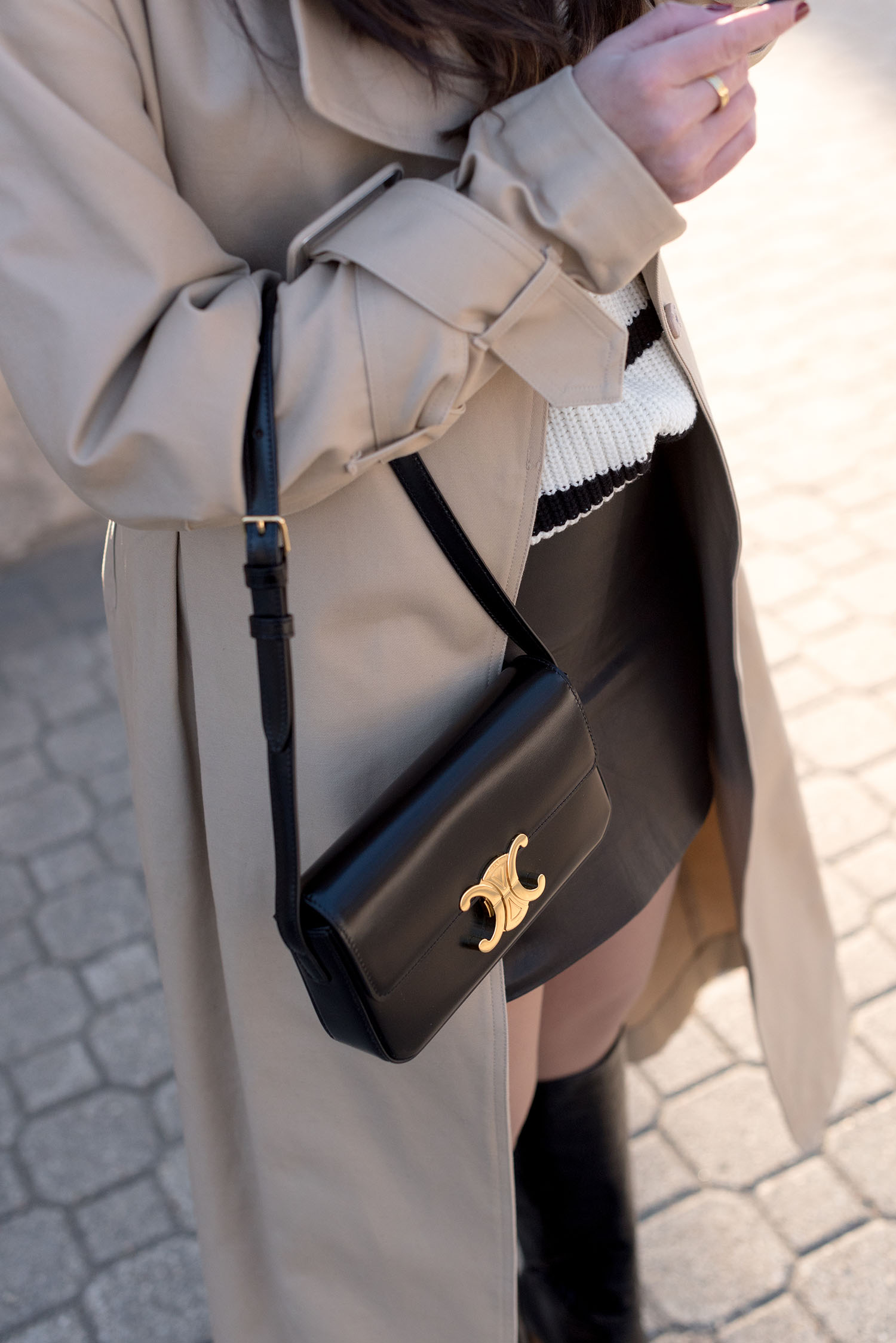 Coco & Vera - Celine Triomphe handbag, H&M trench, Sezane miniskirt