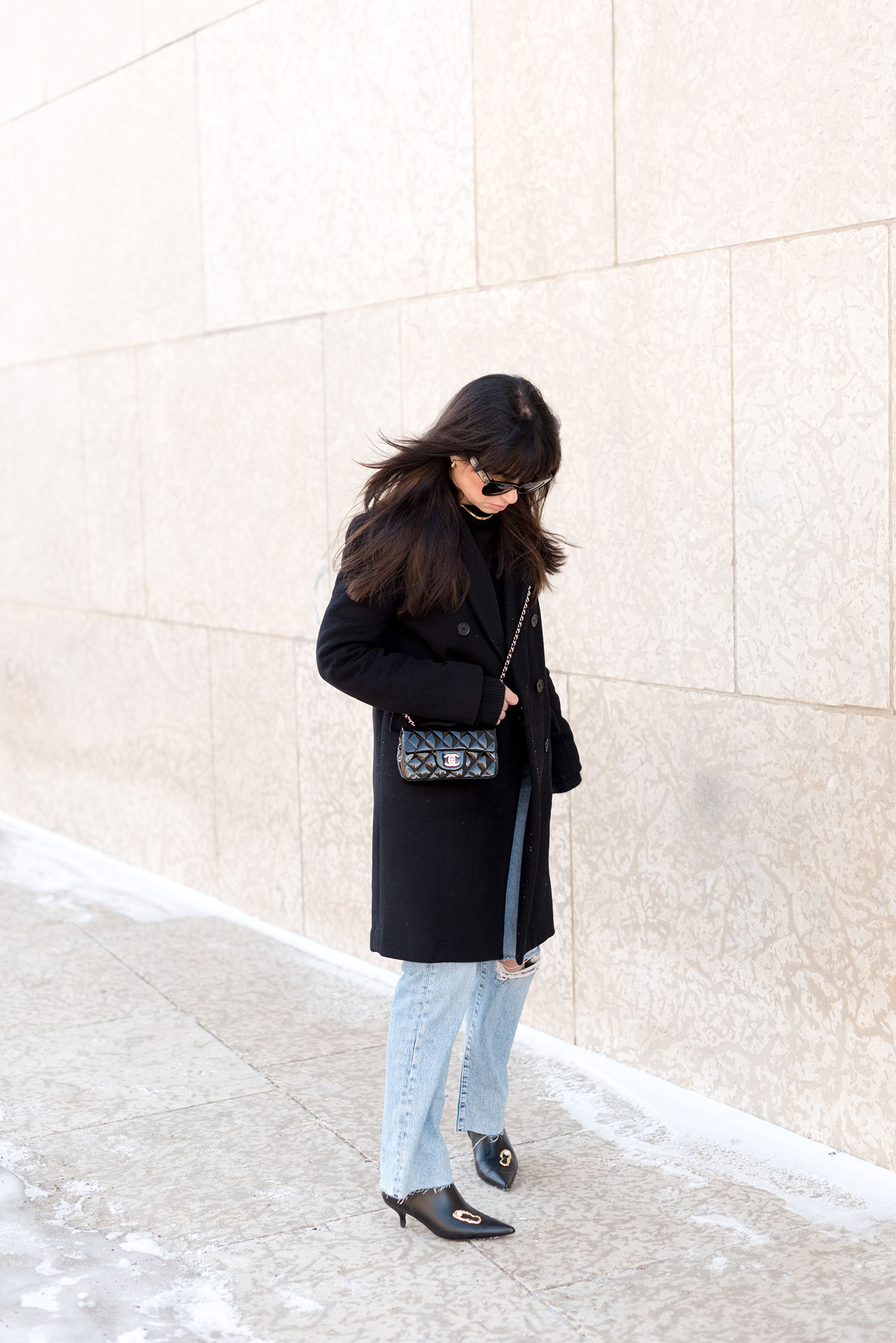 Coco & Vera - Wilfred cashmere coat, Mavi jeans, Chanel extra mini handbag