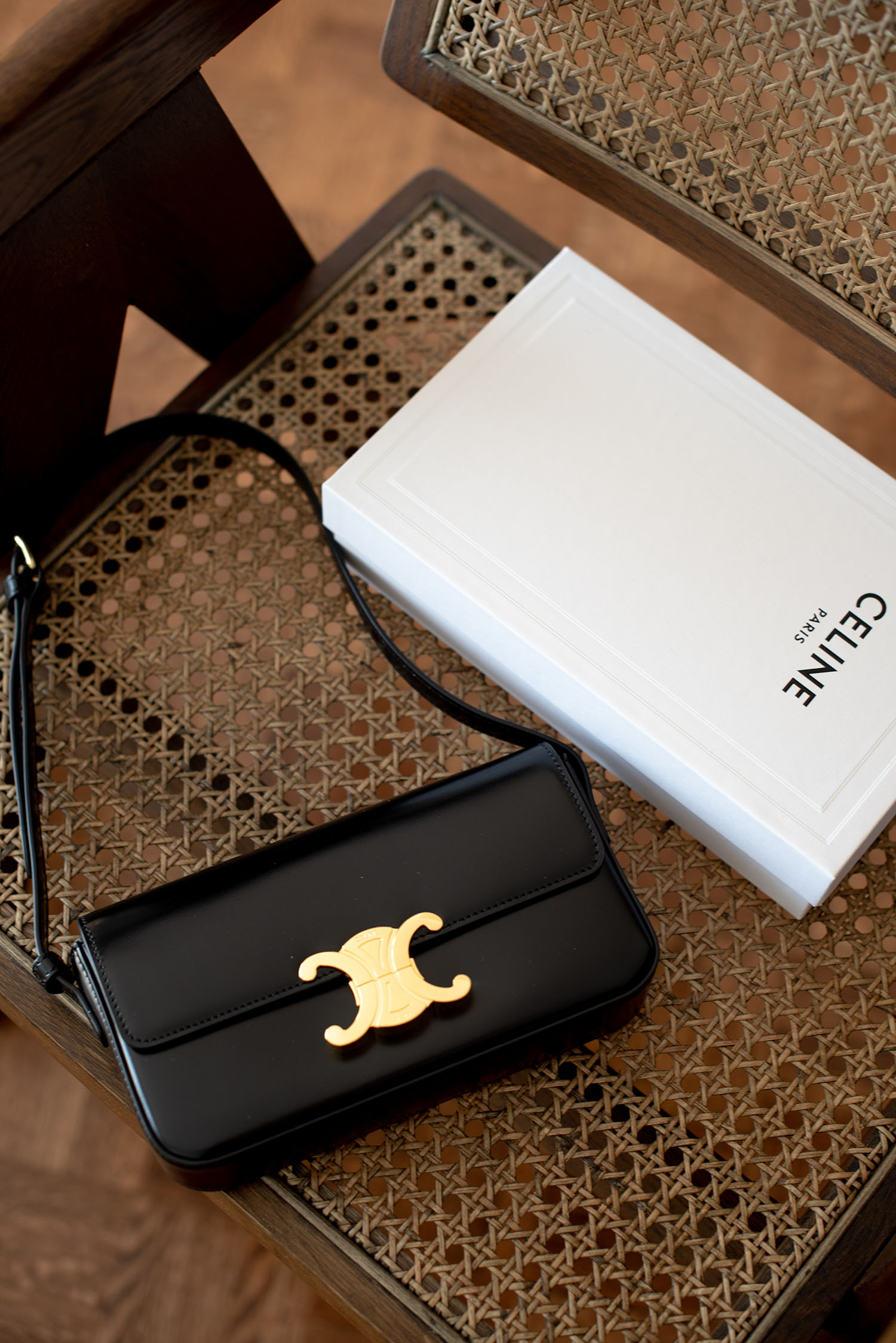 Coco & Vera - Celine Triomphe Shoulder Bag in black shiny calfskin with box