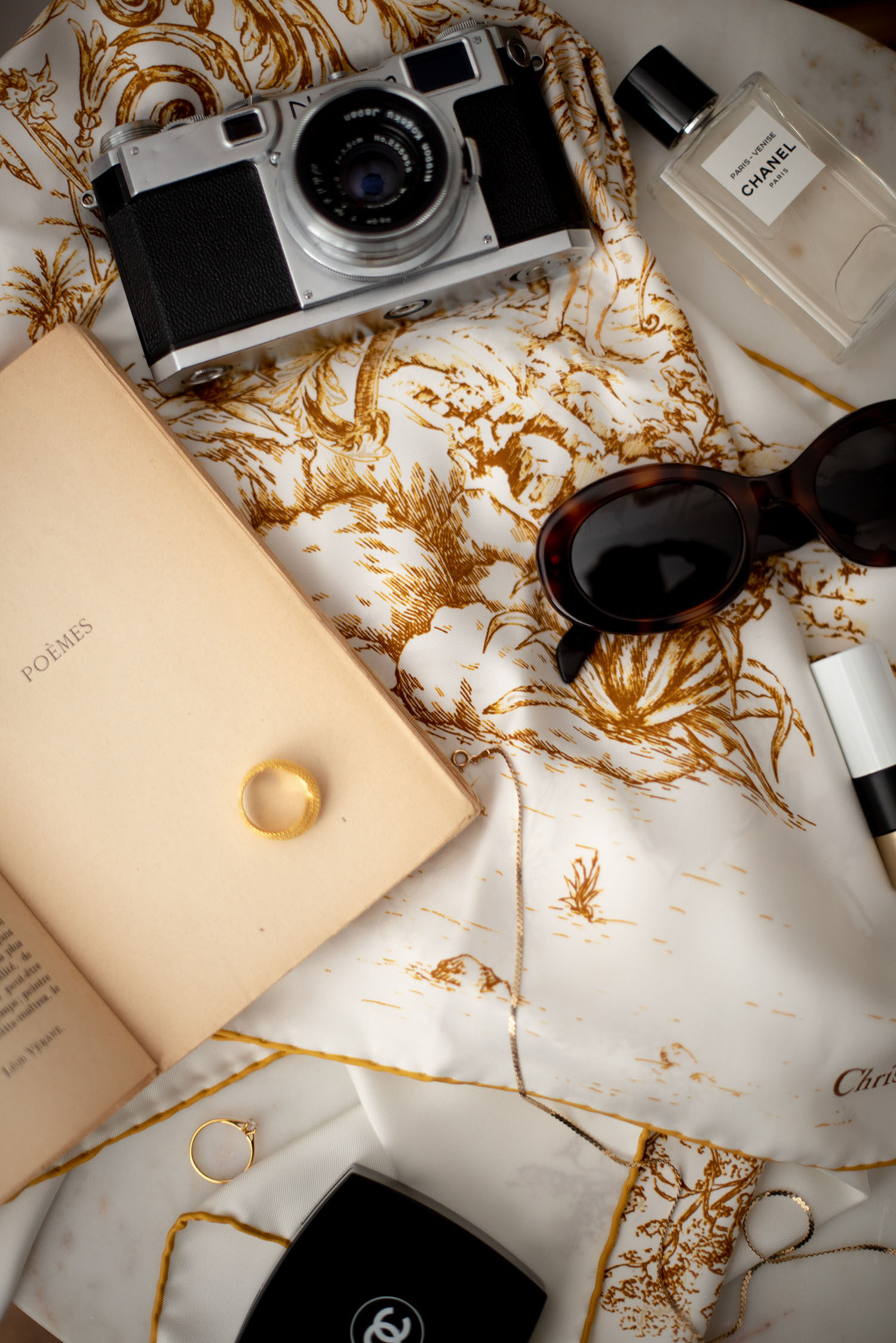 Coco & Vera - Celine Triomphe sunglasses, Christian Dior silk scarf, Chanel compact