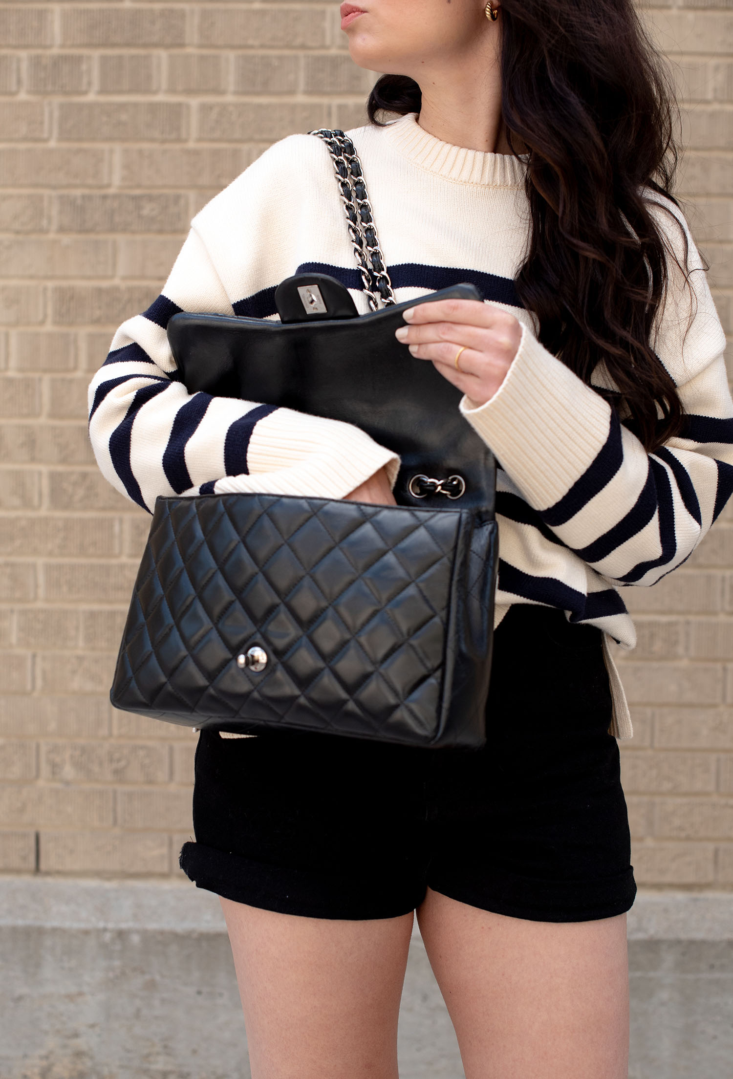 Coco & Vera - Chanel jumbo quilted handbag, Zara striped sweater, Zara black denim shorts