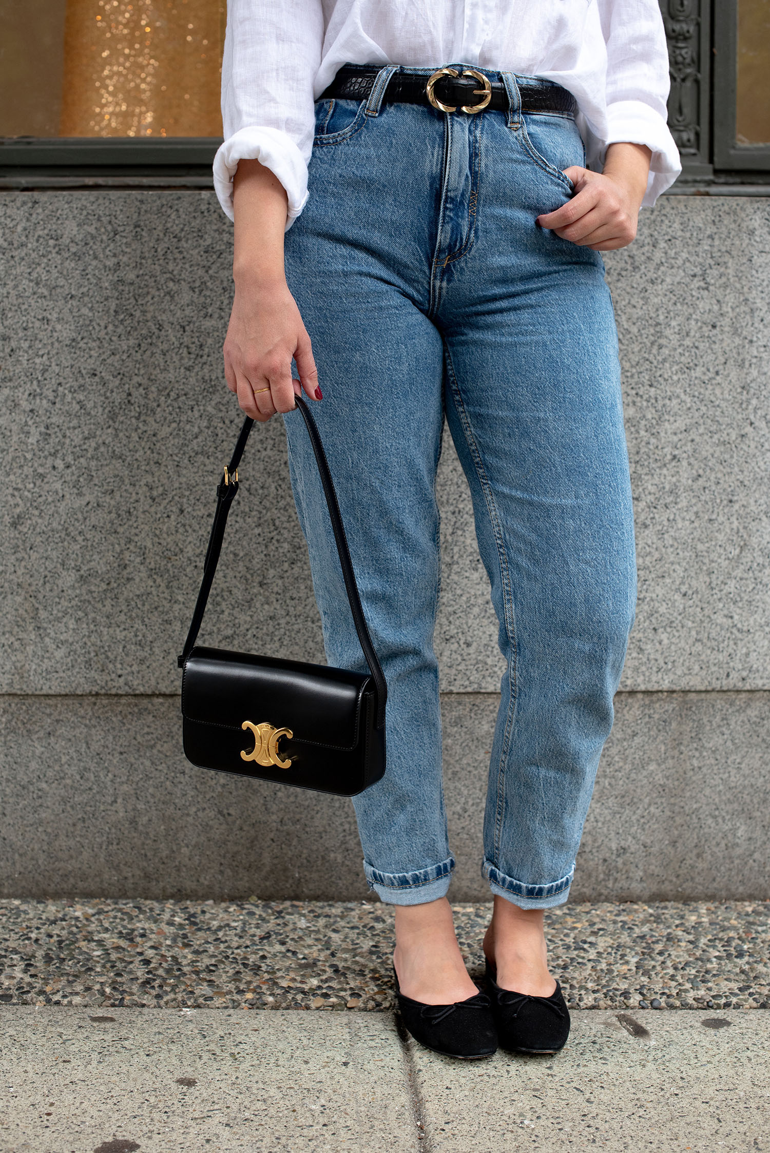 Coco & Vera - Celine Triomphe handbag, Zara mom jeans, Flattered mules