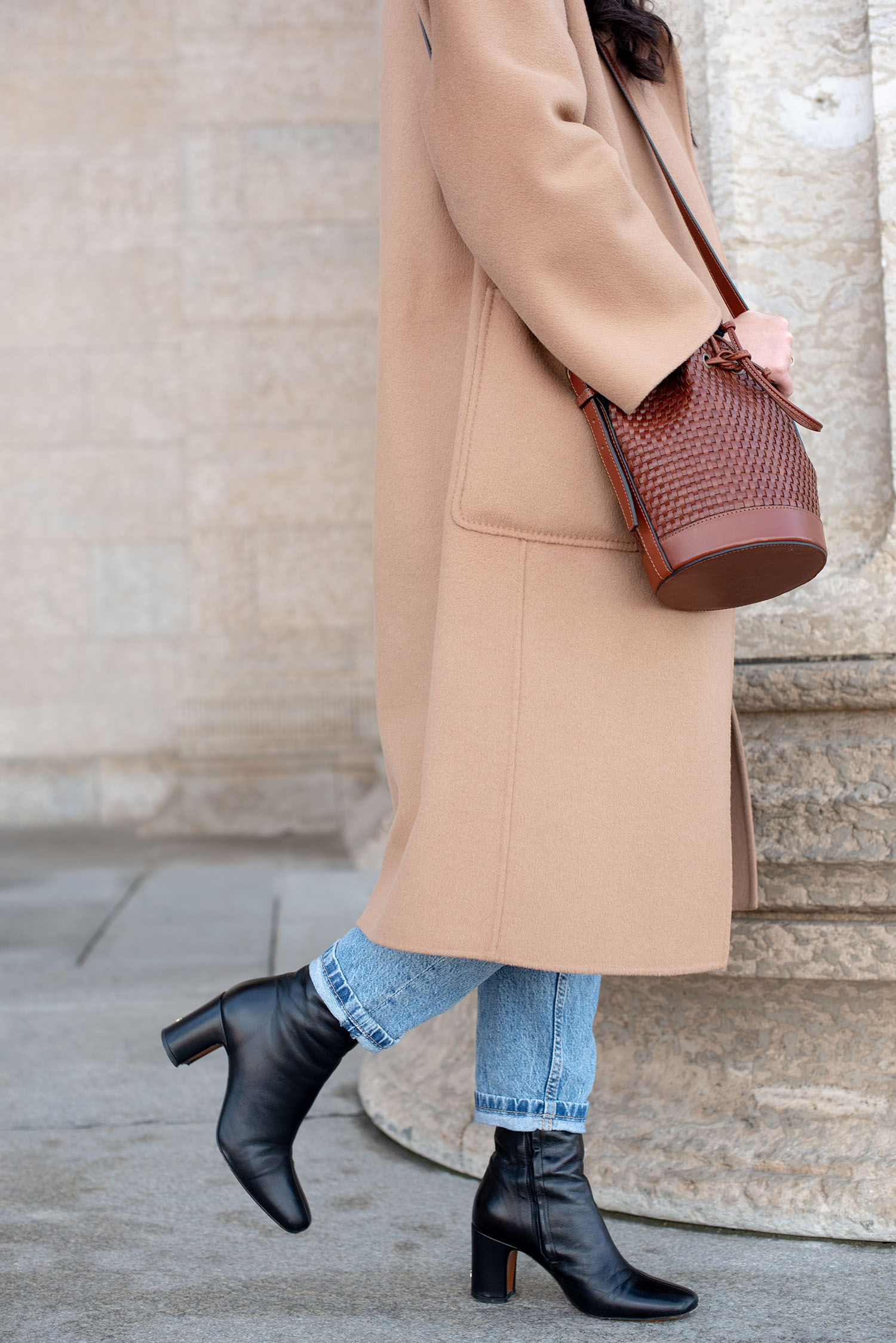 Coco & Vera - Sezane mini Farrow bag, Rouje boots, The Curated cashmere coat