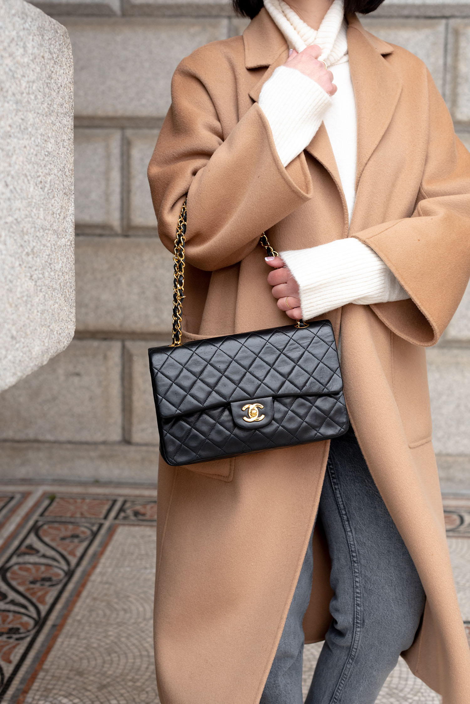 Coco & Vera - Vintage Chanel quilted handbag, Zara cream turtleneck, The Curated coat