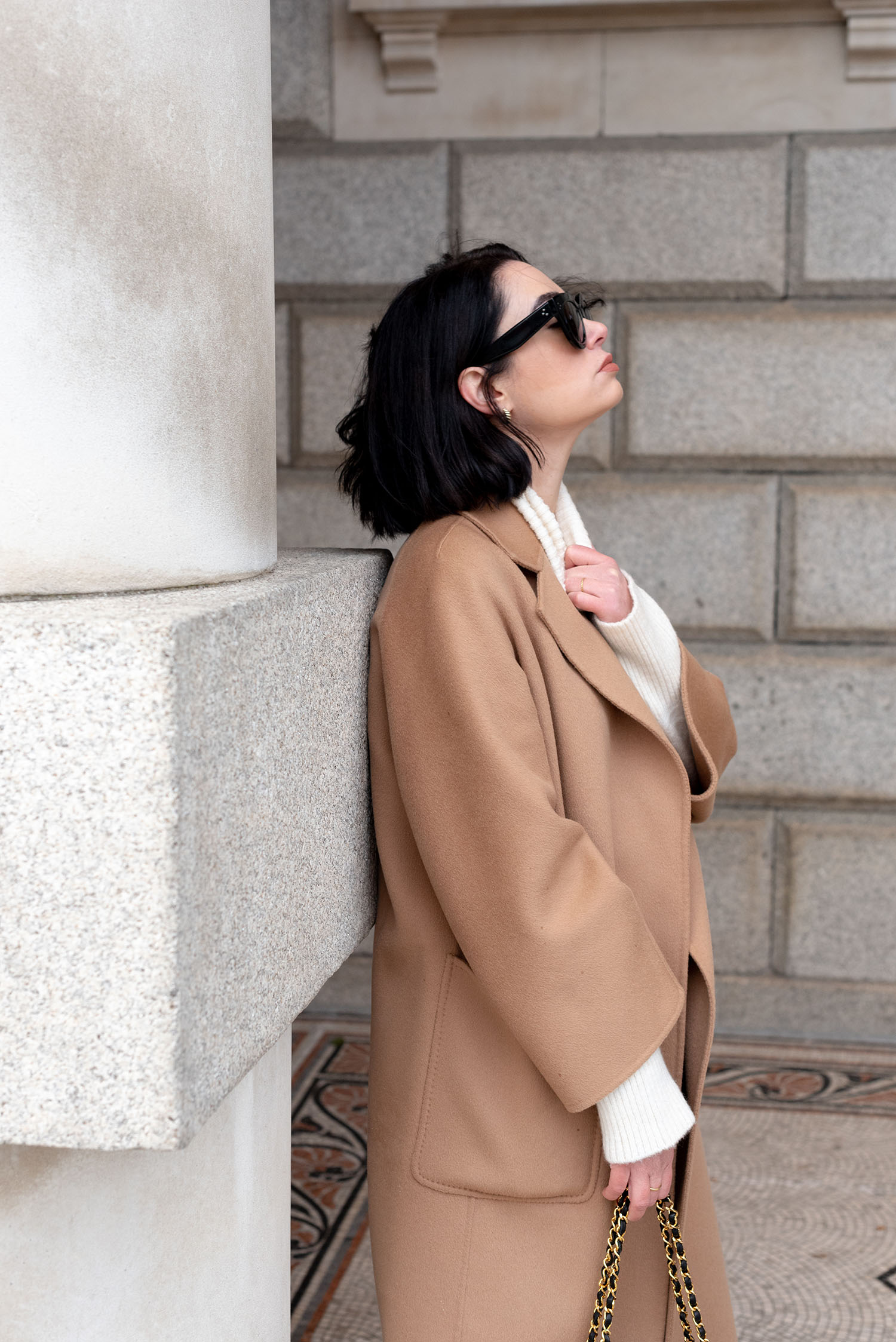 Coco & Vera - Celine Audrey sunglasses, Mejuri croissant dome earrings, The Curated camel coat