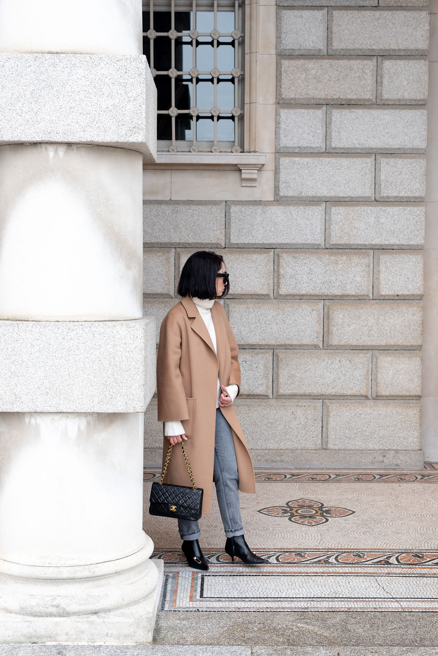 Coco & Vera - The Curated coat, Chanel small quilted handbag, Zara grey mom jeans