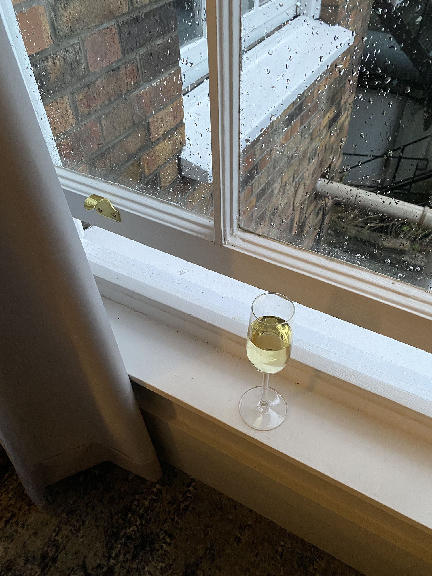 Coco & Vera - Glass of white wine on a window sill in rainy Dublin