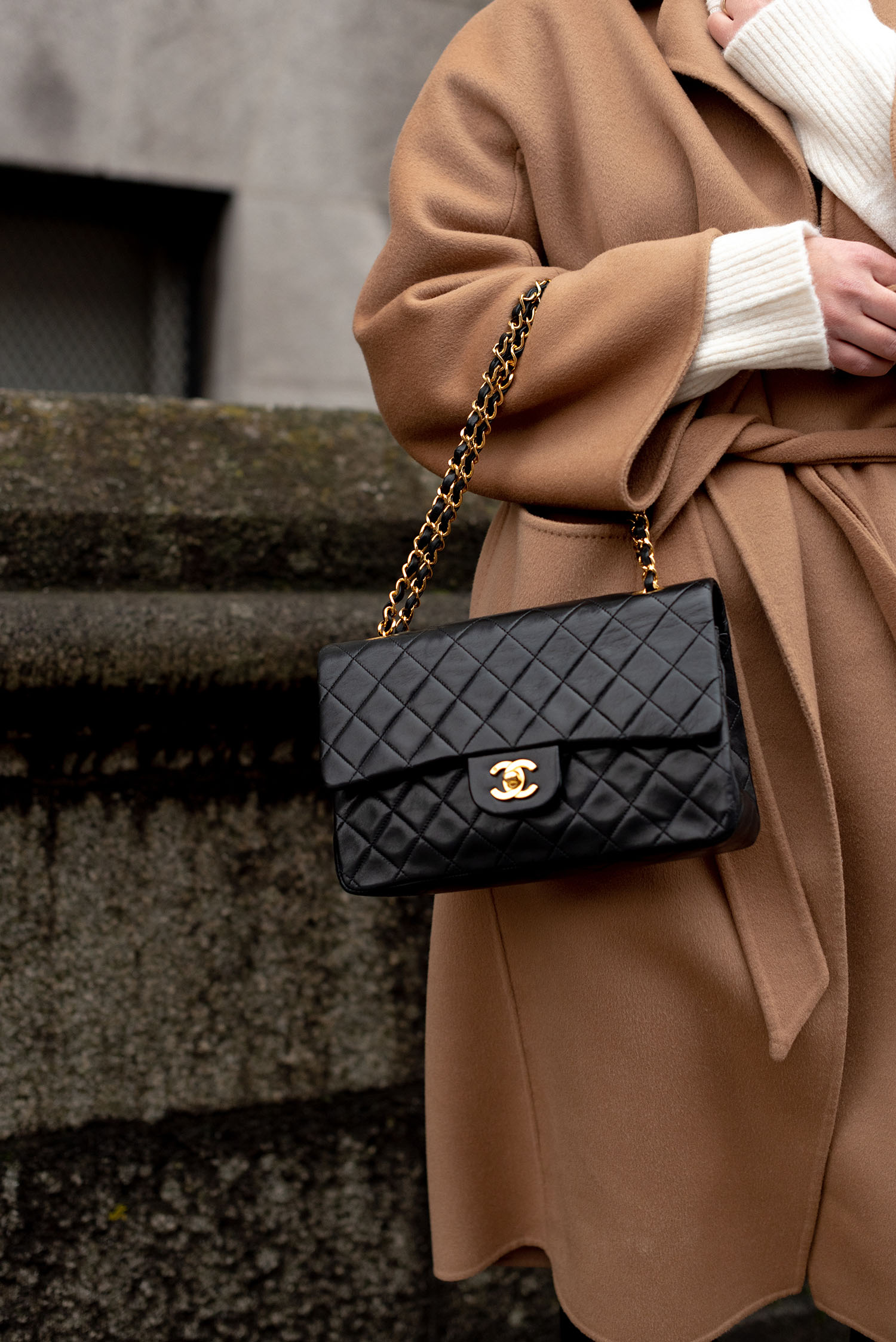 Coco & Vera - Chanel classic quilted handbag, The Curated coat, Zara cream sweater