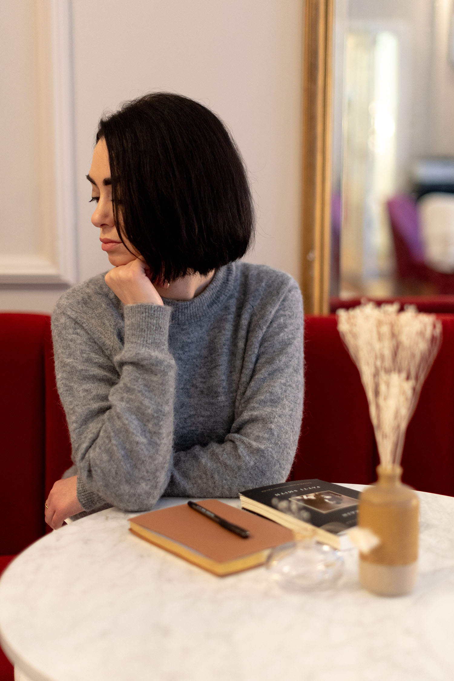 Coco & Vera - Zara grey knit sweater, Smythson notebook