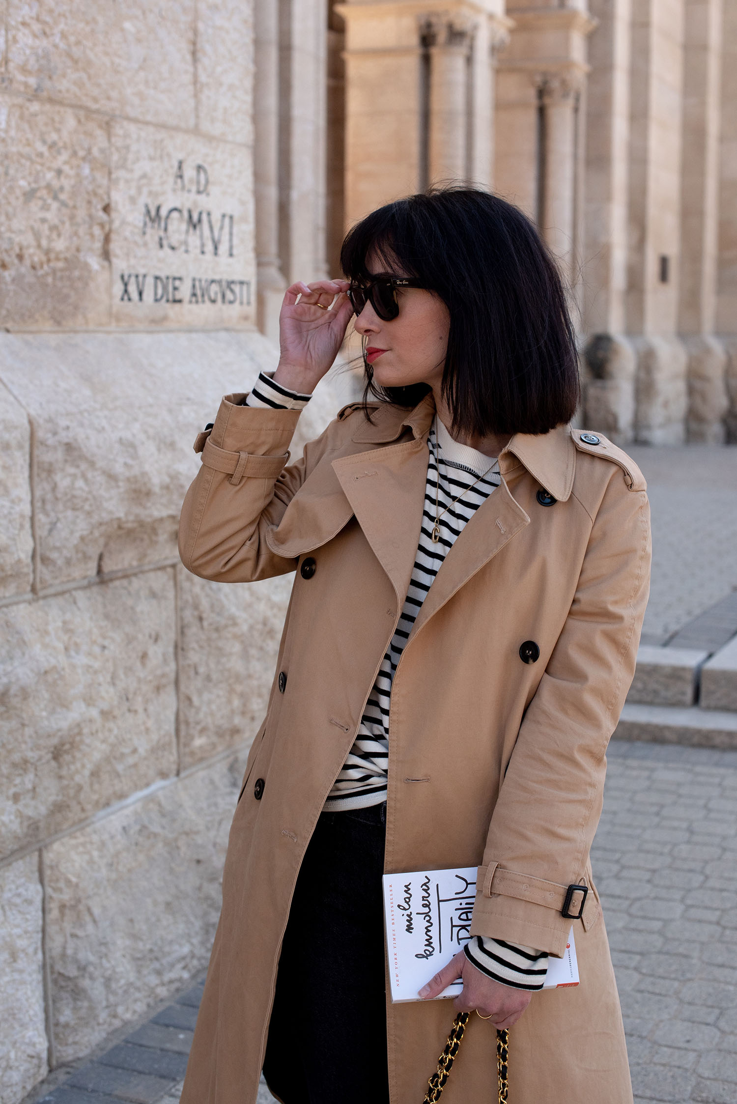 Coco & Voltaire - Rayban Wayfarer sunglasses, Zara stripe top, Mango trench coat