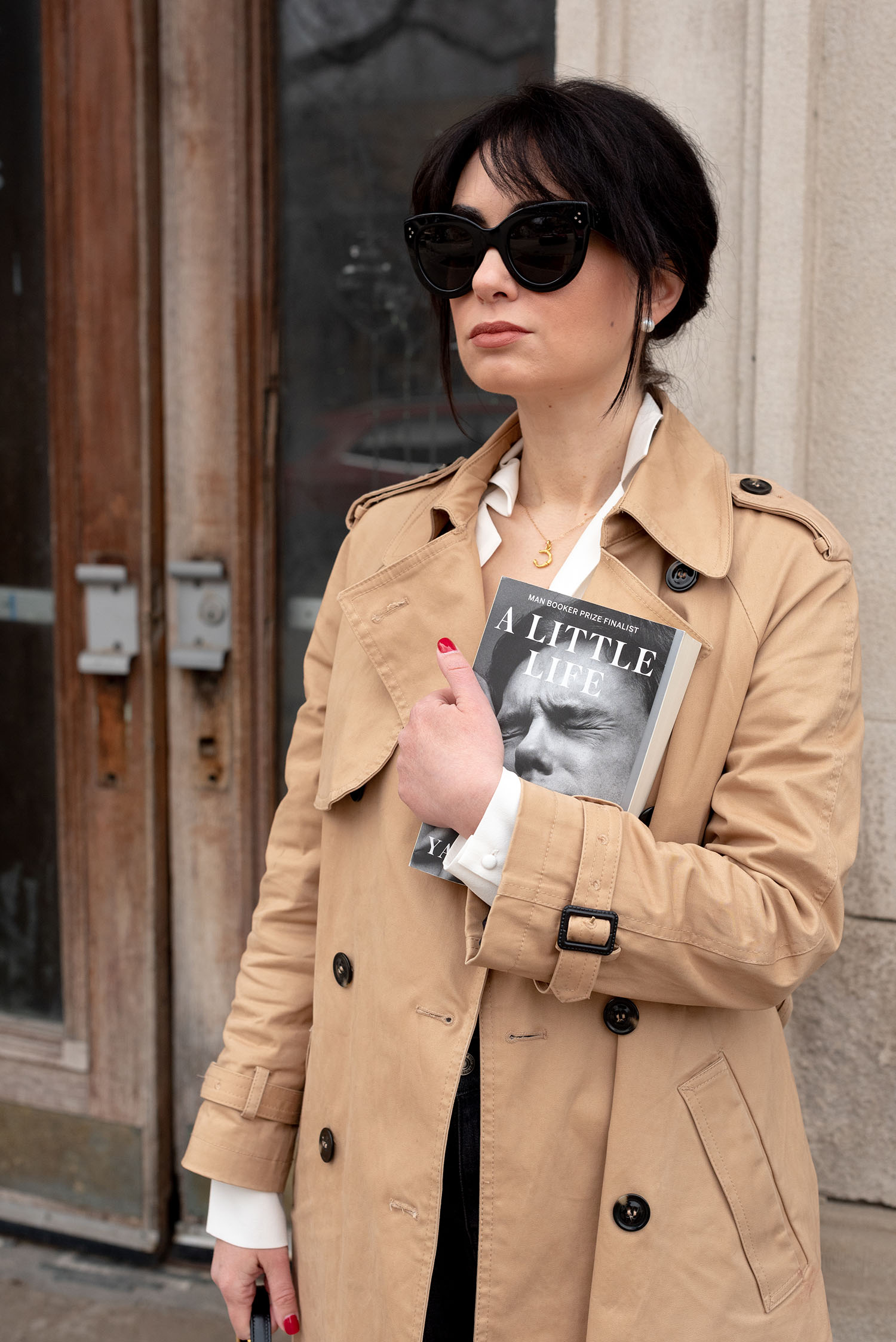 Coco & Voltaire - Celine Audrey sunglasses, Maris Pearl Co. earrings, Mango trench coat