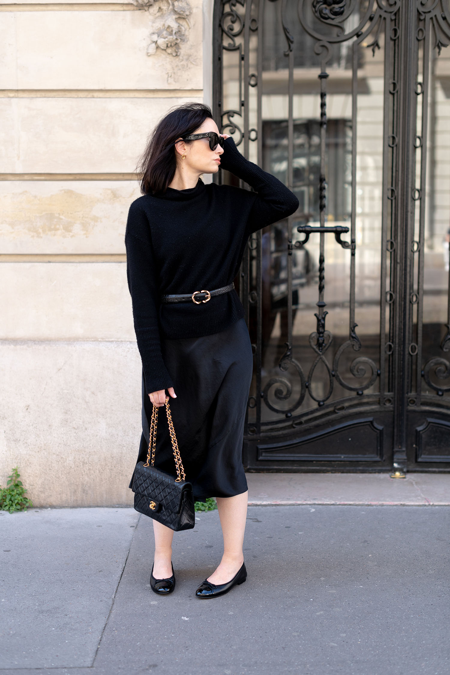 black chanel ballet flats outfit