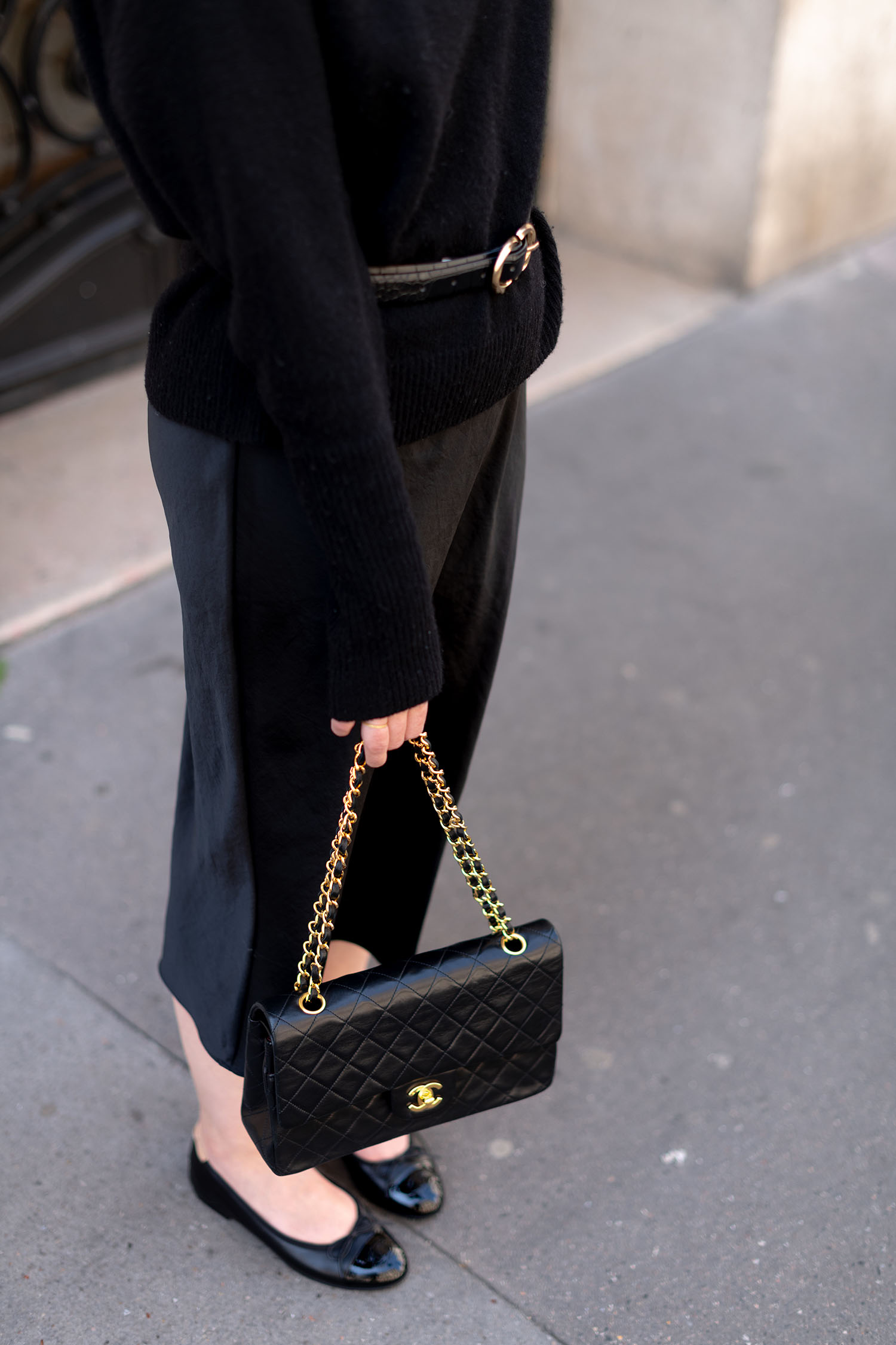 Coco & Voltaire - Chanel handbag, Mango belt, Chanel ballet flats