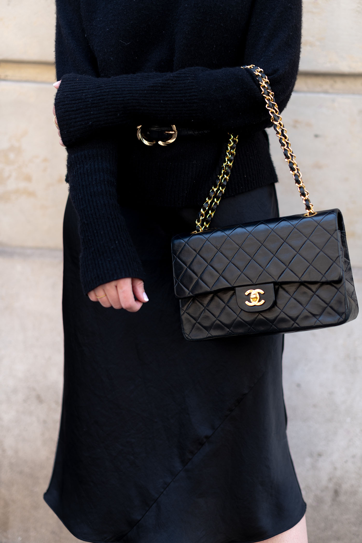 Coco & Voltaire - Chanel double flat handbag, Mango belt, Wilfred dress
