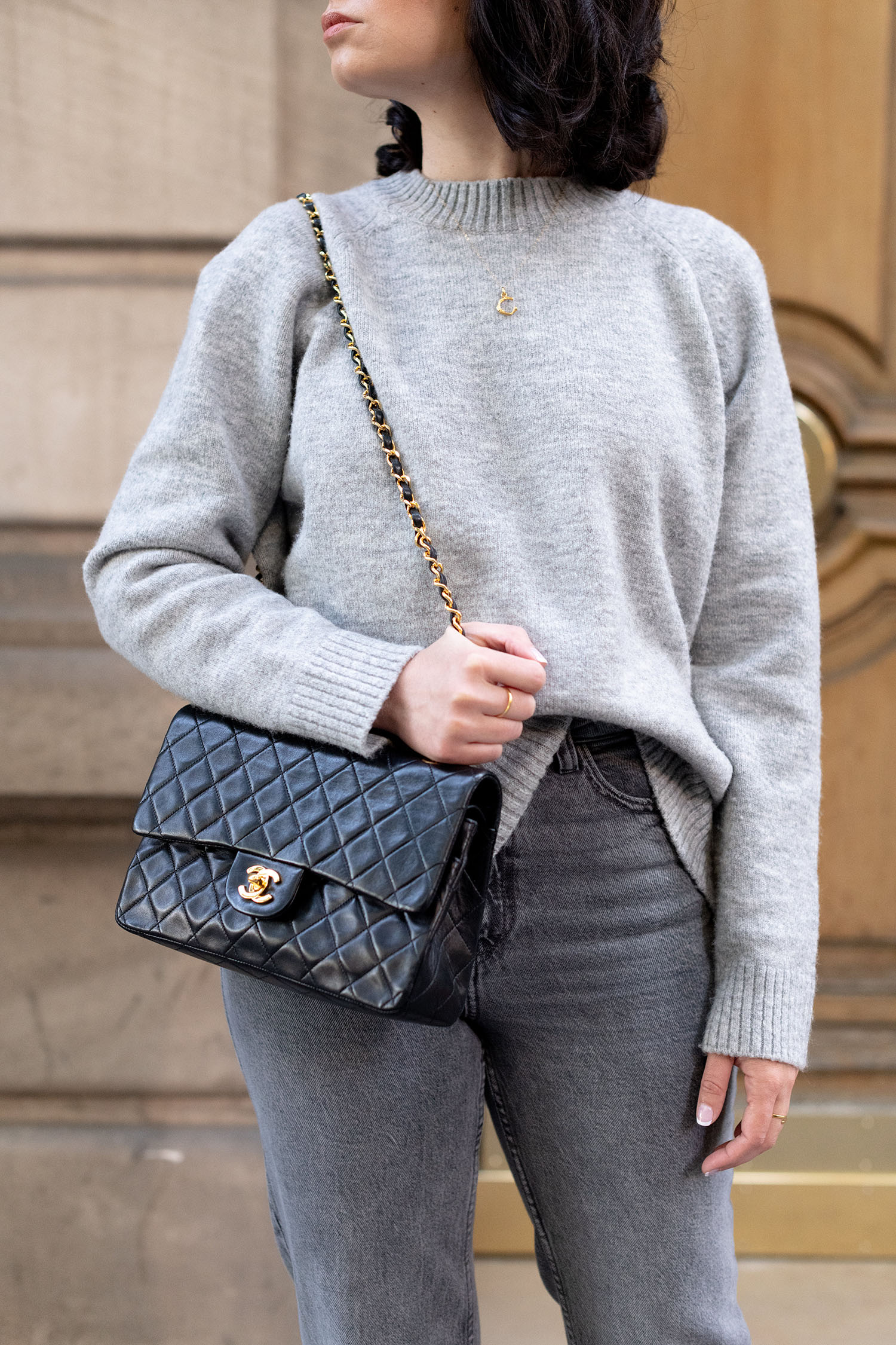 Coco & Voltaire - Chanel small double flap handbag, Celine necklace, Mango sweater