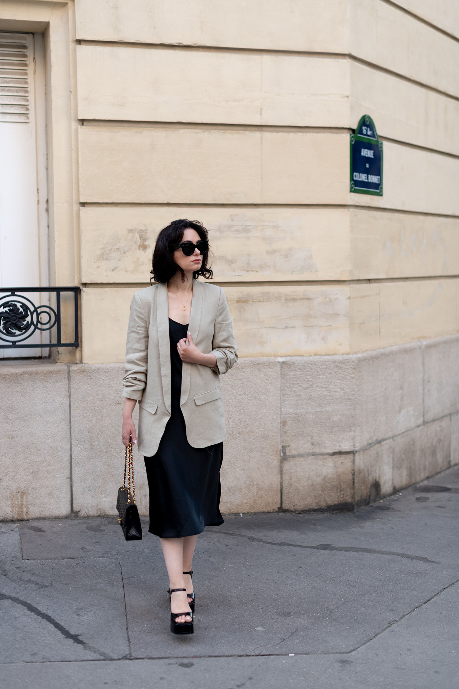 Coco & Voltaire - Chanel double flap handbag, Celine Audrey sunglasses, Jonak platform sandals