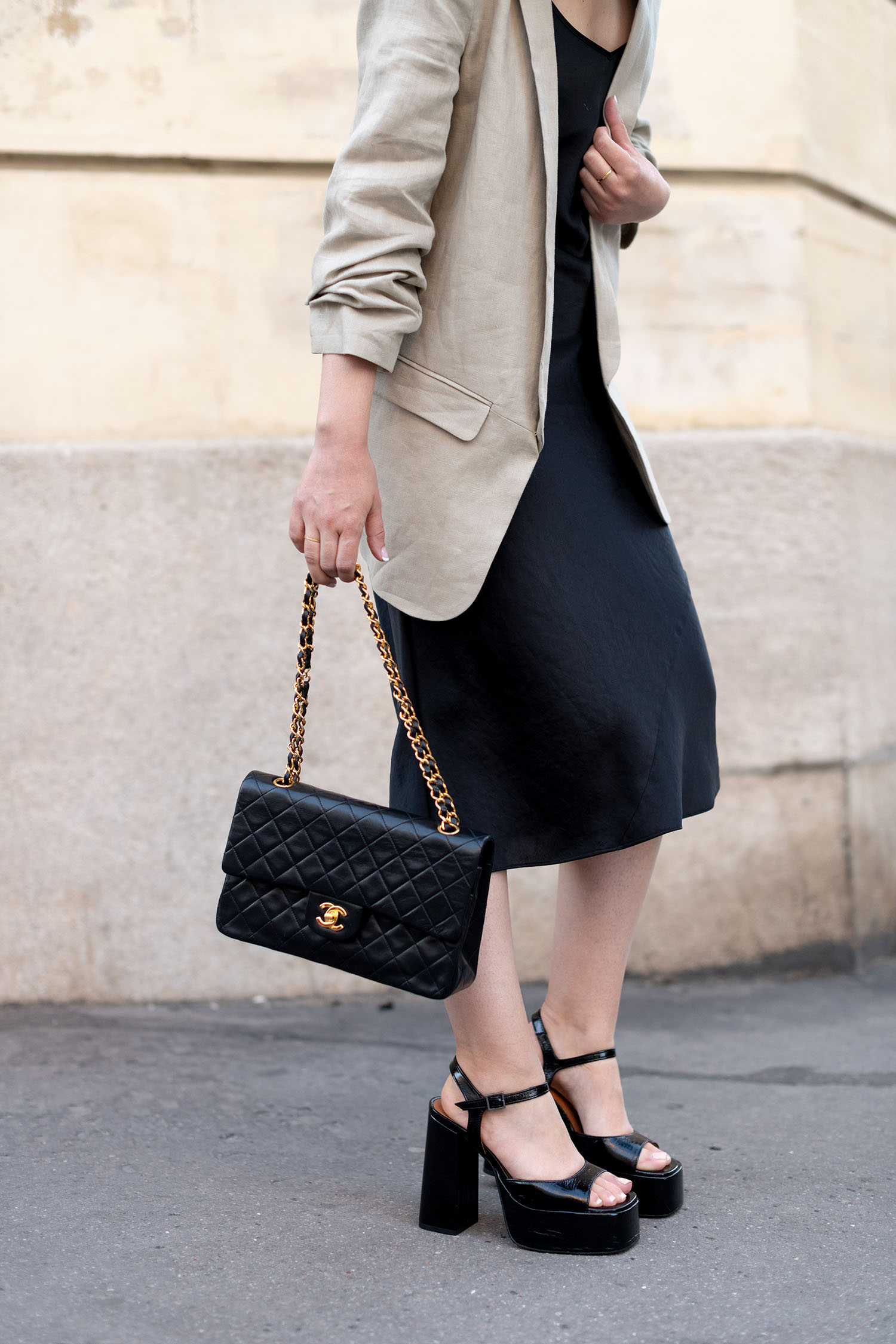 Coco & Voltaire - Chanel quilted handbag, Jonak platform sandals, Wilfred dress